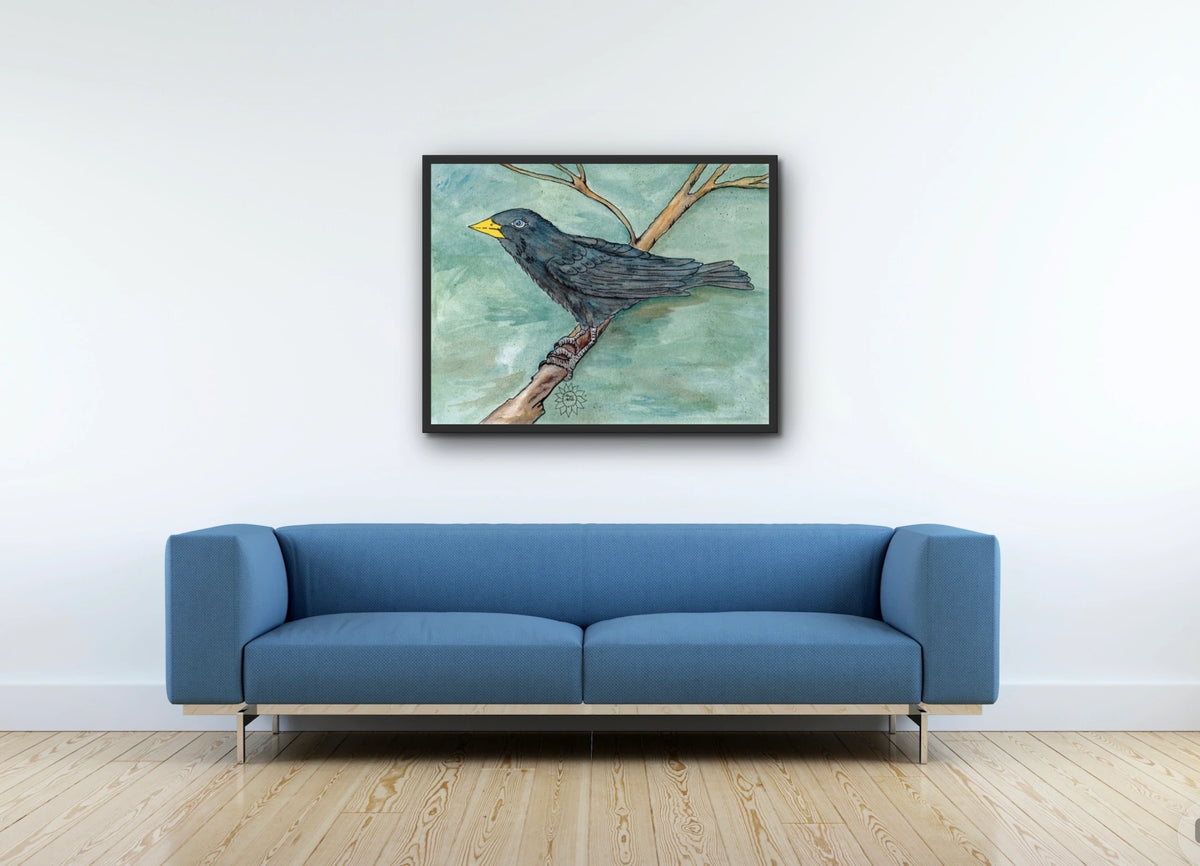 Poe The Crow - large 24 x 36 framed art print shown hanging on a wall