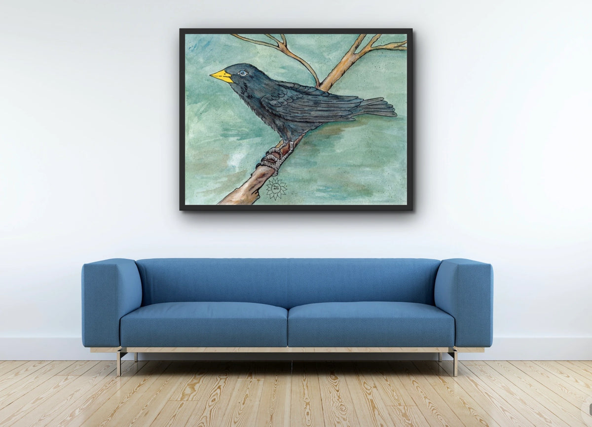 Poe The Crow - extra large 36 x 48 framed art print shown hanging on a wall