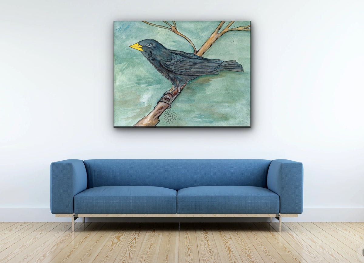 Poe The Crow - extra large 36 x 48 unframed art print shown hanging on a wall
