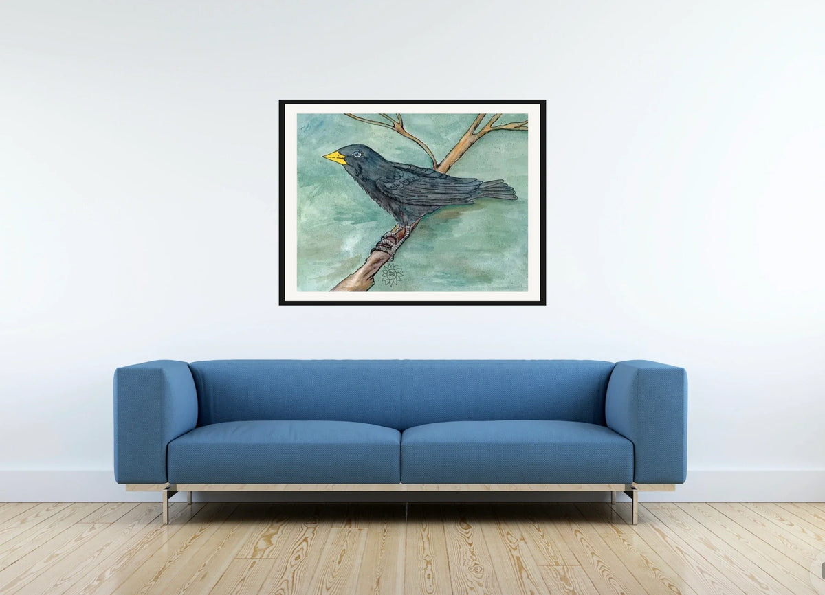 Poe The Crow - large 24 x 36 matted and framed art print shown hanging on a wall