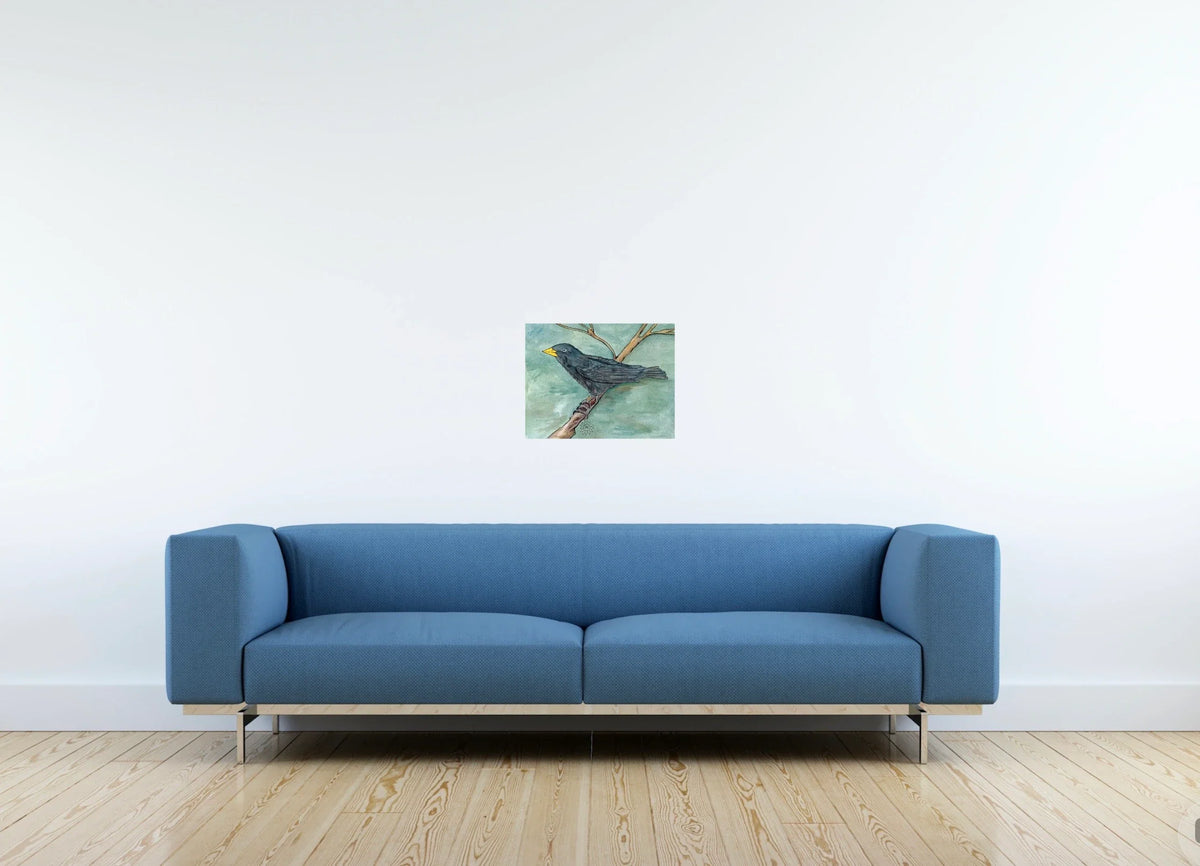 Poe The Crow - medium 12 x 16 unframed art print shown hanging on a wall