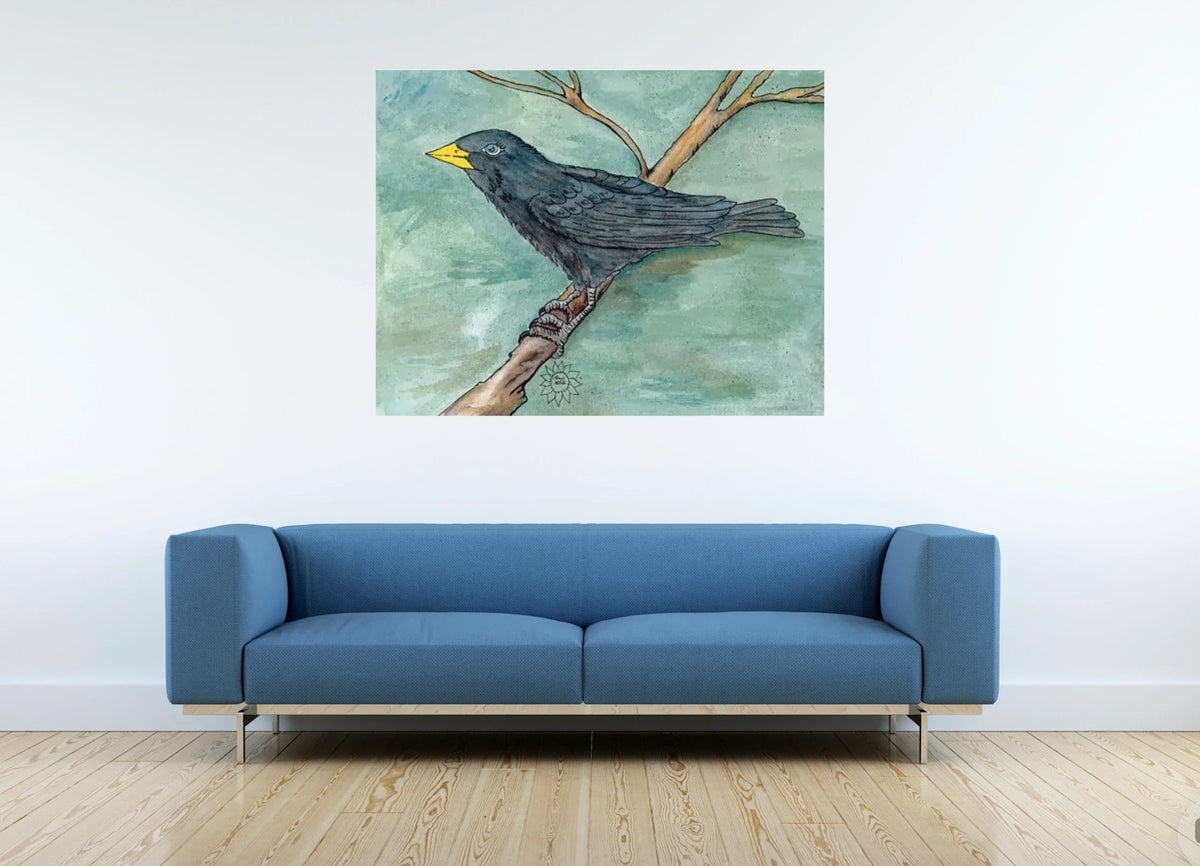Poe The Crow - extra large 36 x 48 unframed art print shown hanging on a wall