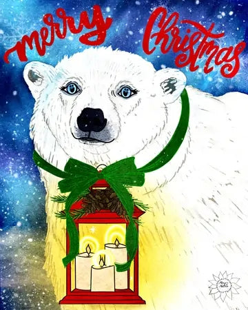 Christmas card with a polar bear holding a lantern and candles, against a snowy background.