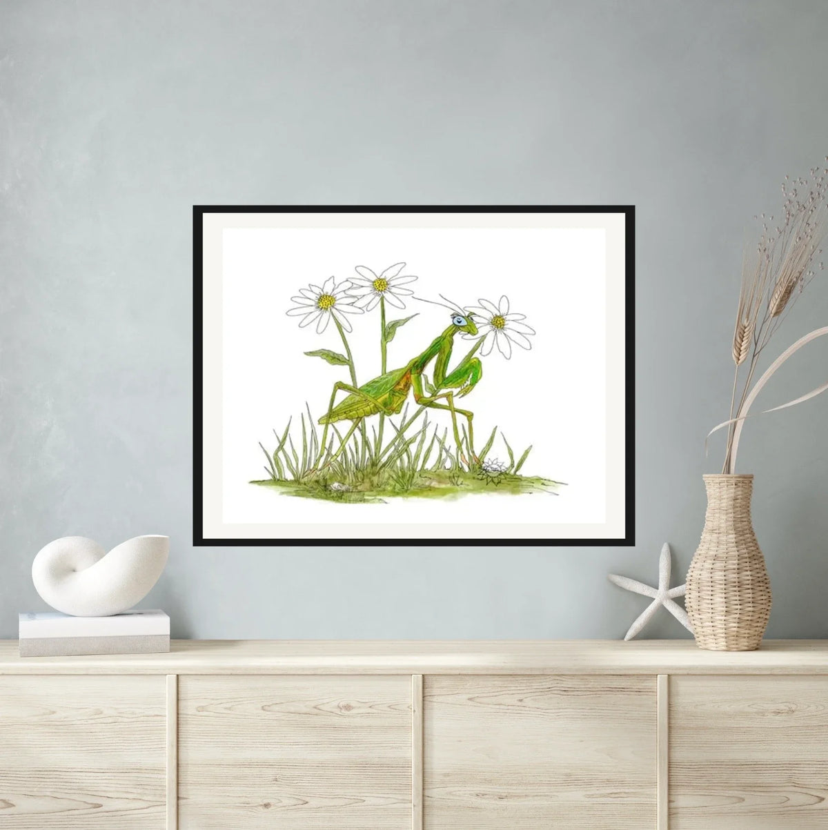 Praying Mantis Daisy - extra large 36 x 48 matted and framed art print shown hanging on a wall
