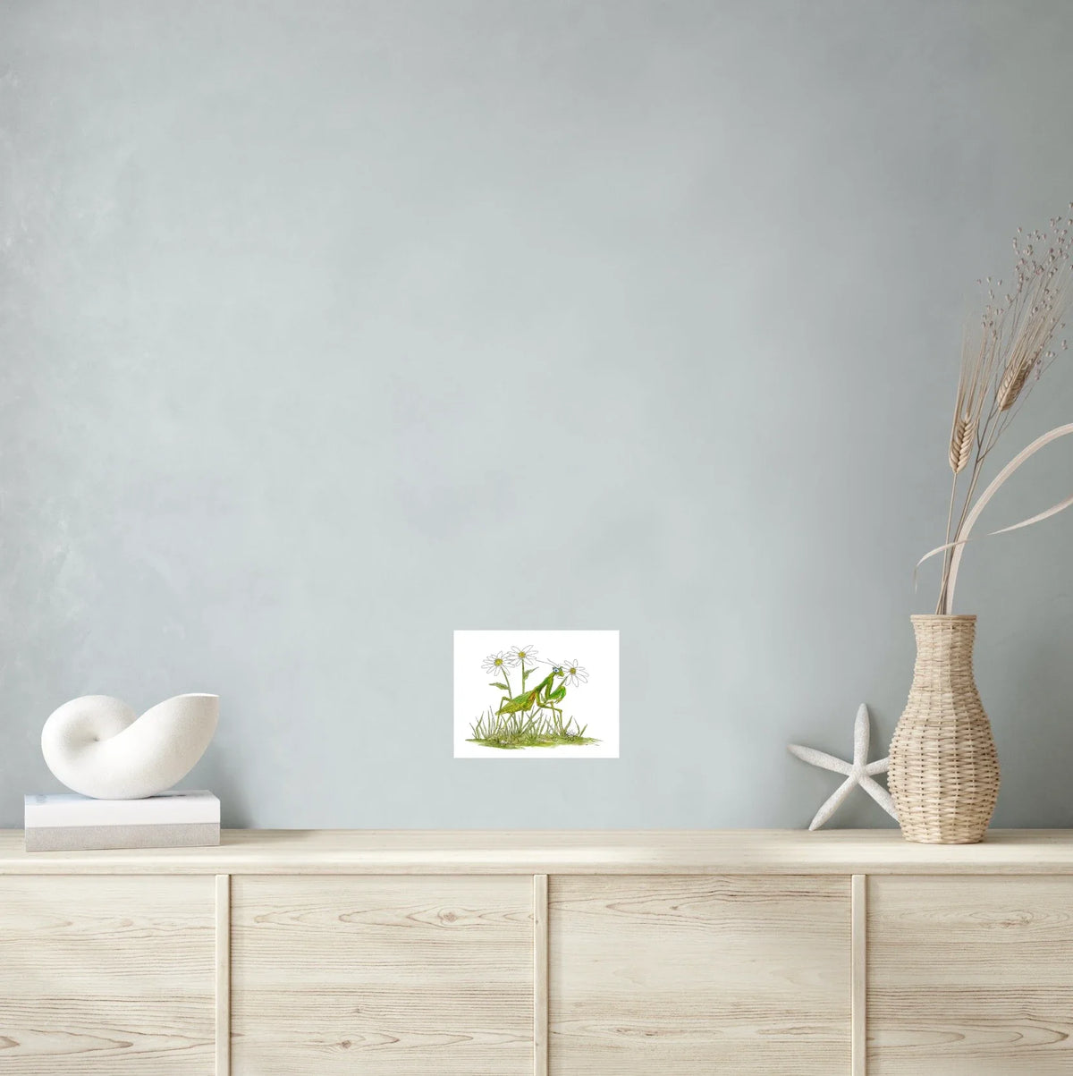 Praying Mantis Daisy - medium 12 x 16 unframed art print shown hanging on a wall