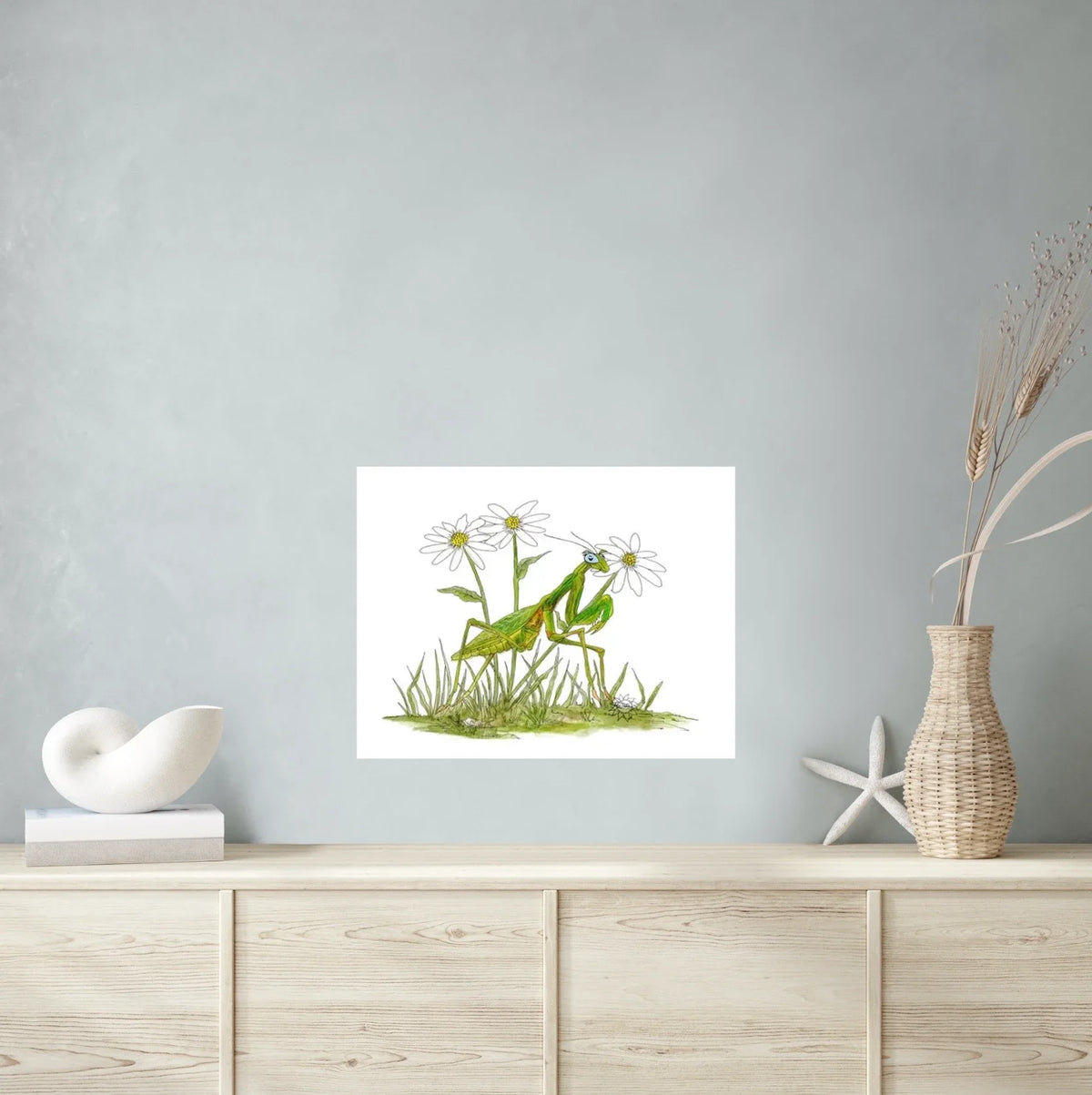 Praying Mantis Daisy - large 24 x 36 unframed art print shown hanging on a wall