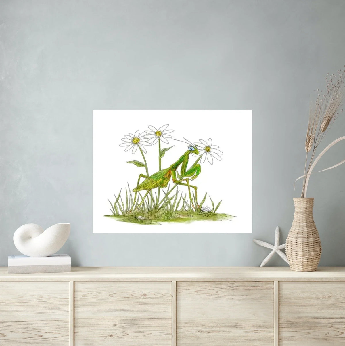 Praying Mantis Daisy - extra large 36 x 48 unframed art print shown hanging on a wall