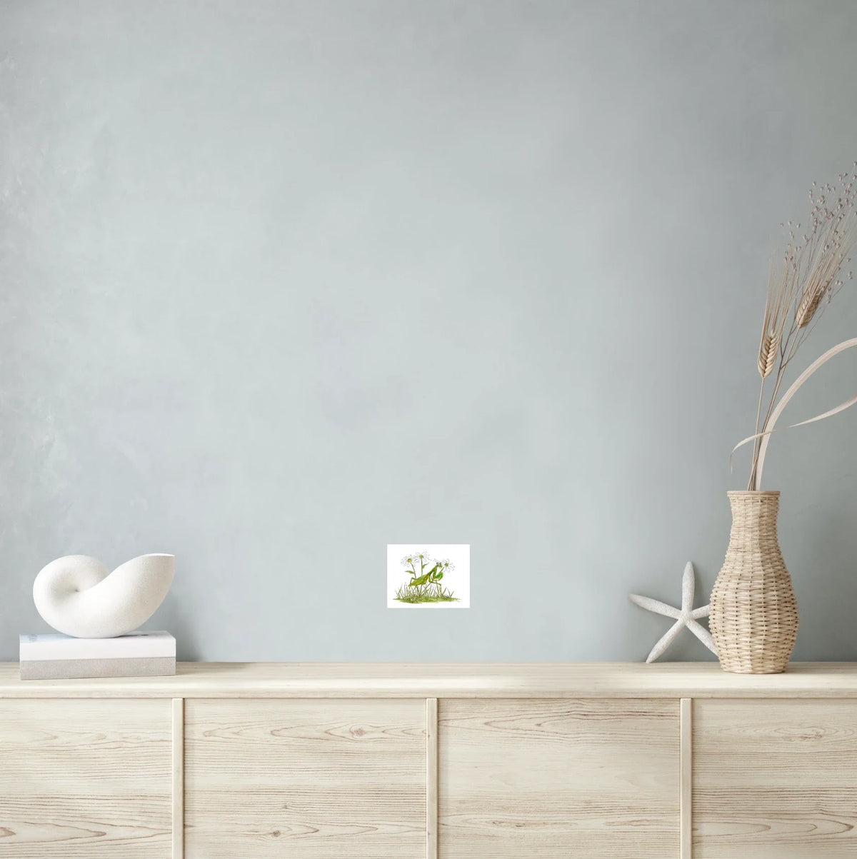 Praying Mantis Daisy - small 8 x 10 unframed art print shown hanging on a wall