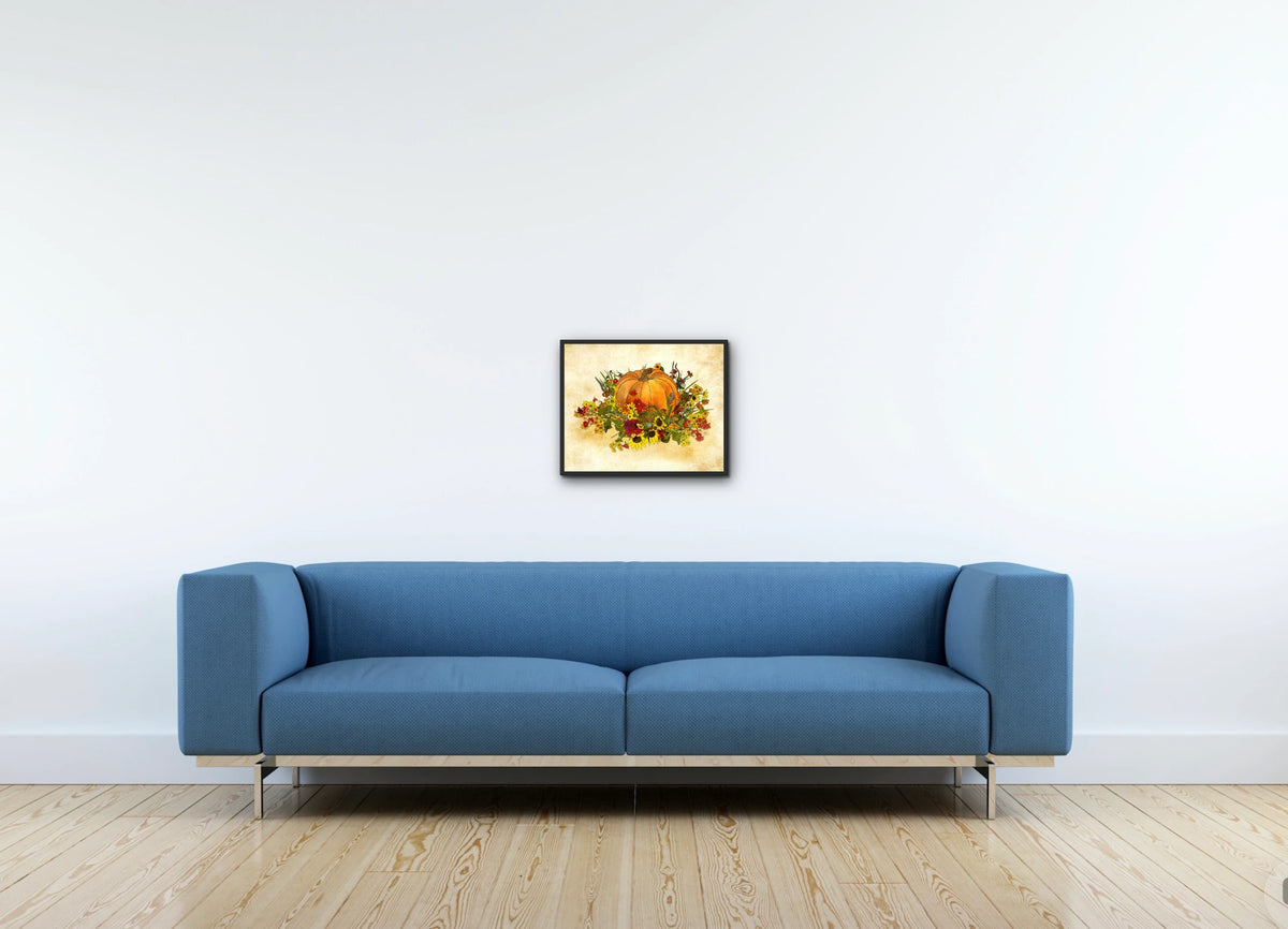 Pumpkin and Flowers - medium 12 x 16 framed art print shown hanging on a wall