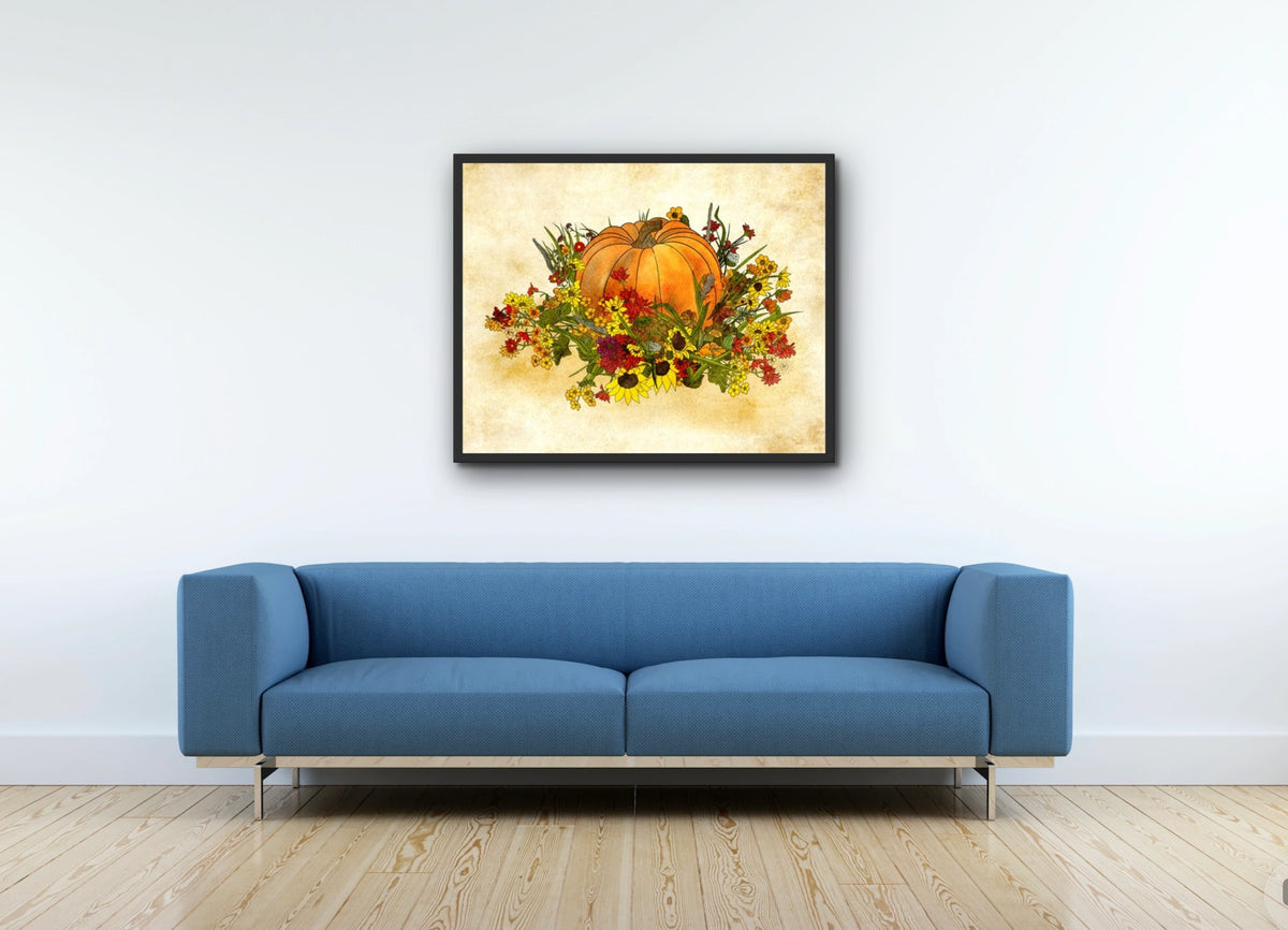 Pumpkin and Flowers - large 24 x 36 framed art print shown hanging on a wall