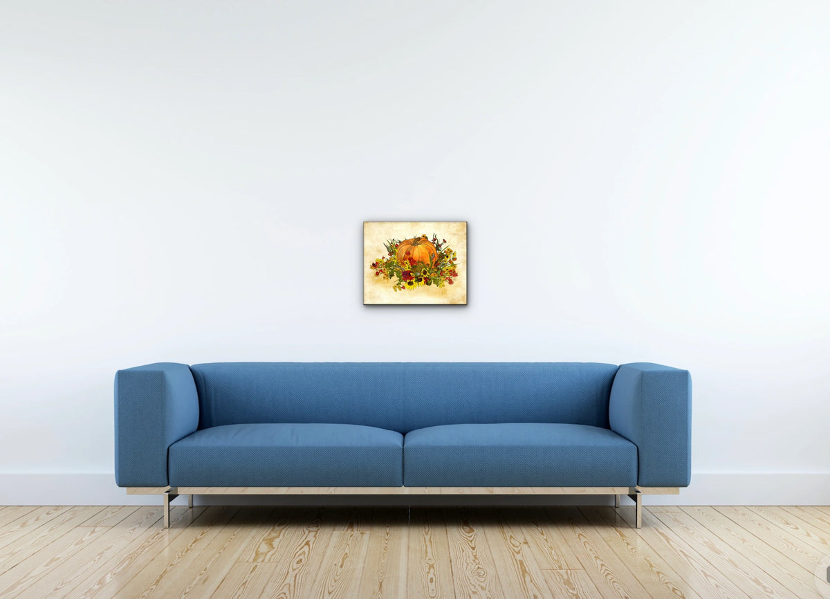 Pumpkin and Flowers - medium 12 x 16 unframed art print shown hanging on a wall