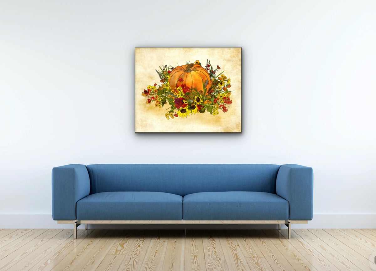 Pumpkin and Flowers - large 24 x 36 unframed art print shown hanging on a wall