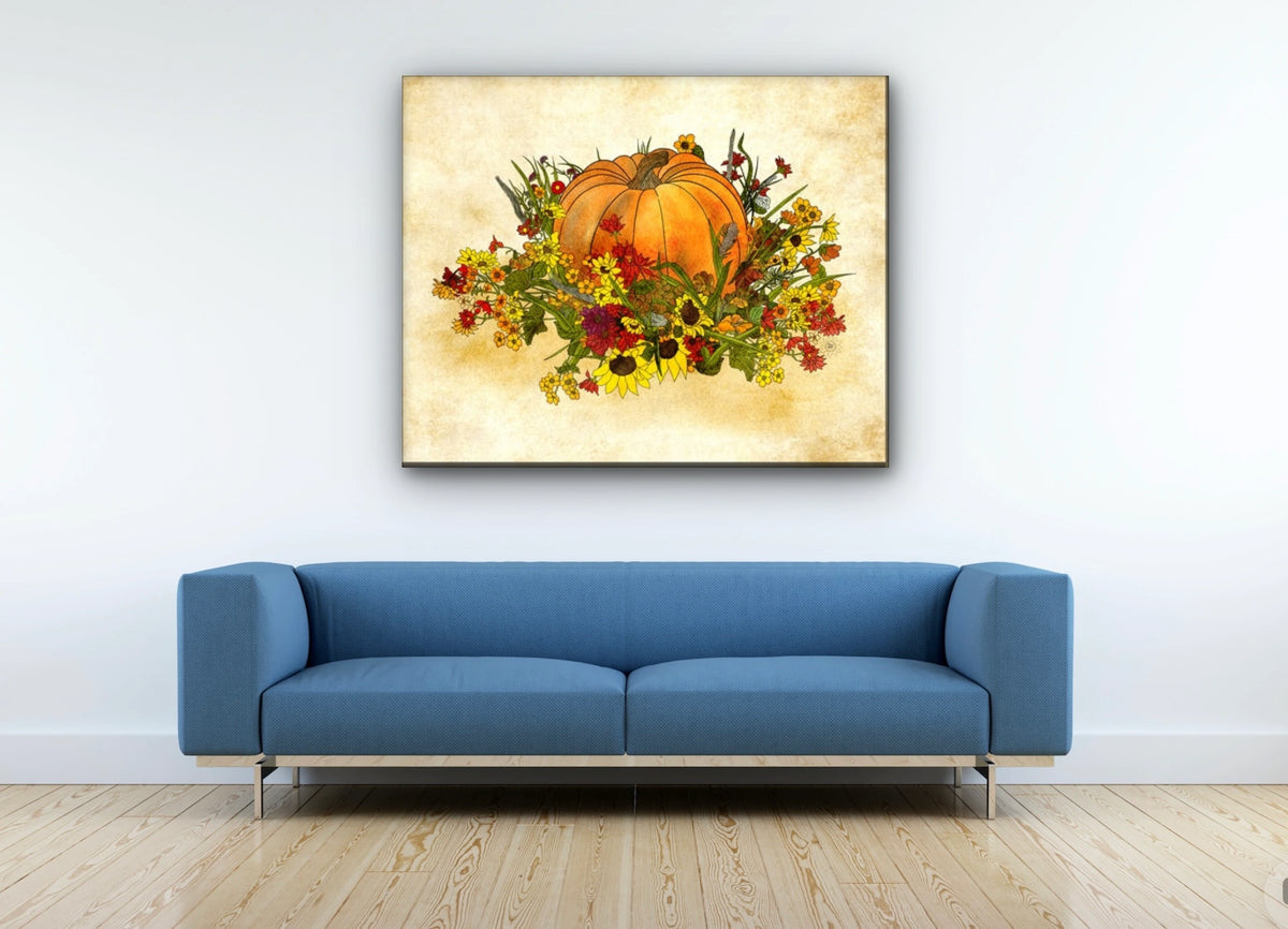 Pumpkin and Flowers - extra large 36 x 48 unframed art print shown hanging on a wall