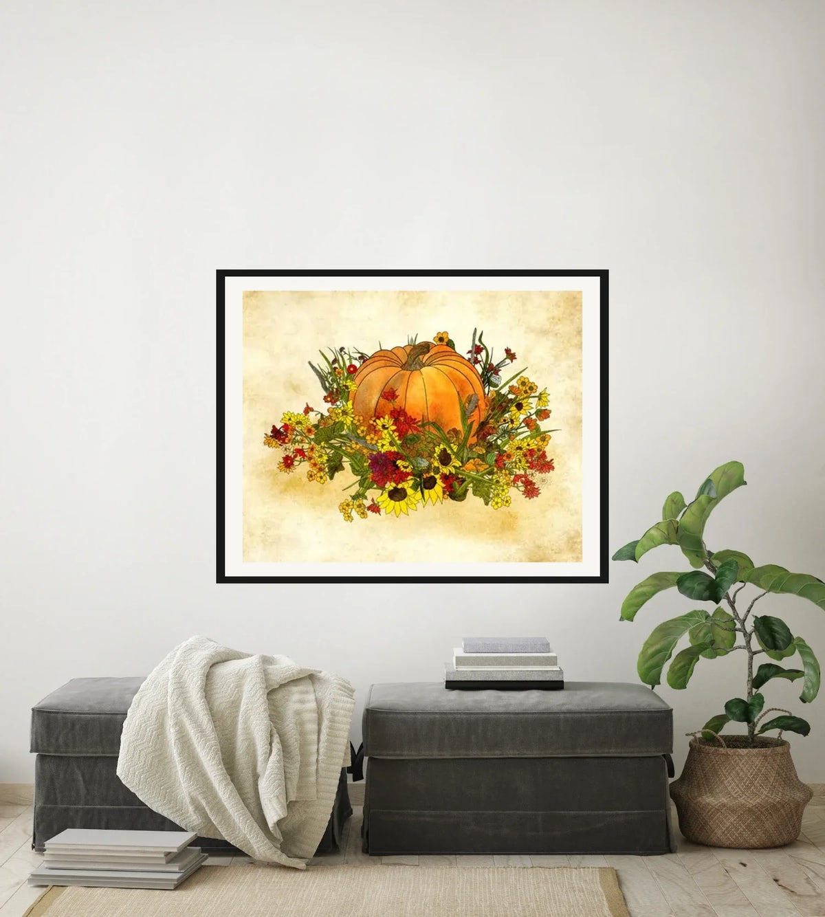 Pumpkin and Flowers - large 24 x 36 matted and framed art print shown hanging on a wall