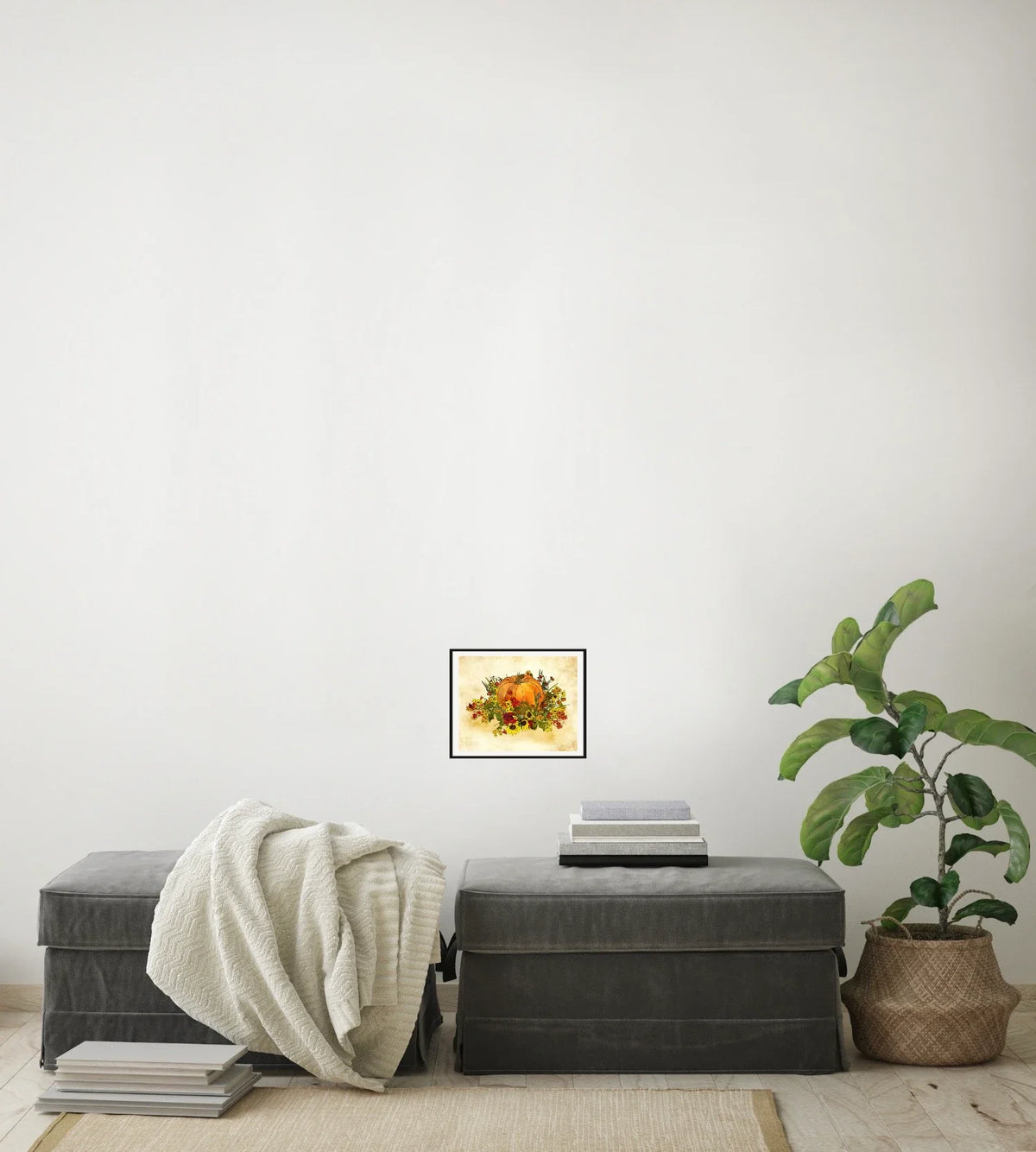 Pumpkin and Flowers - small 8 x 10 matted and framed art print shown hanging on a wall