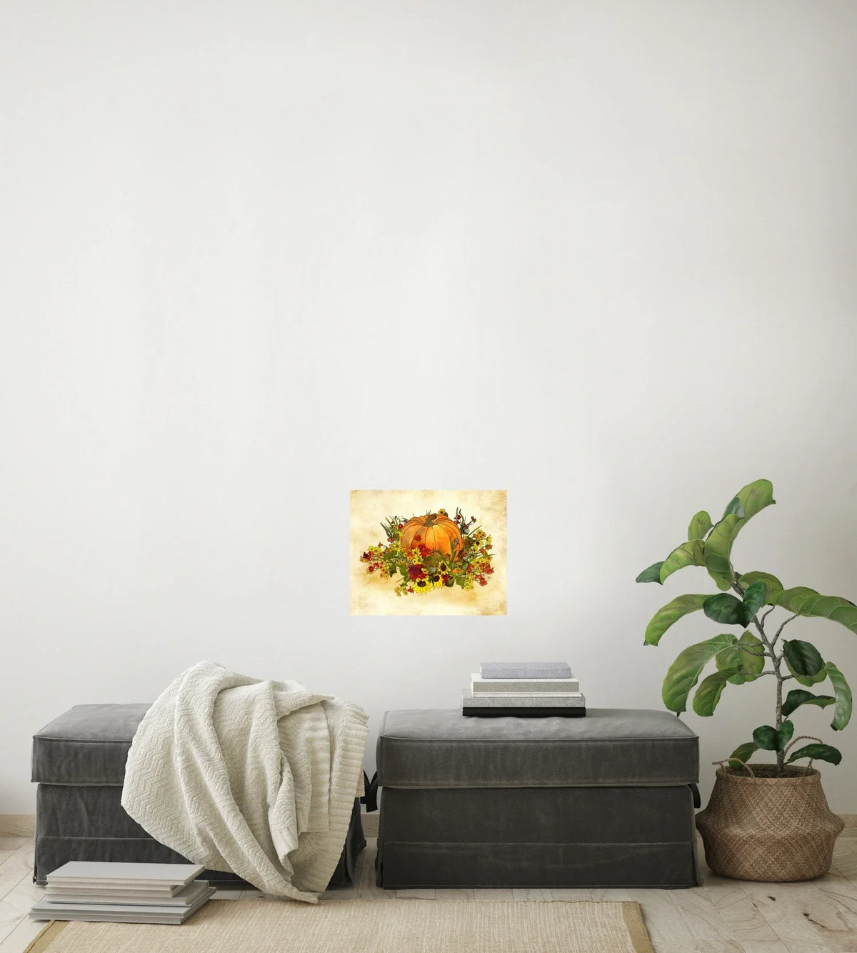 Pumpkin and Flowers - medium 12 x 16 unframed art print shown hanging on a wall