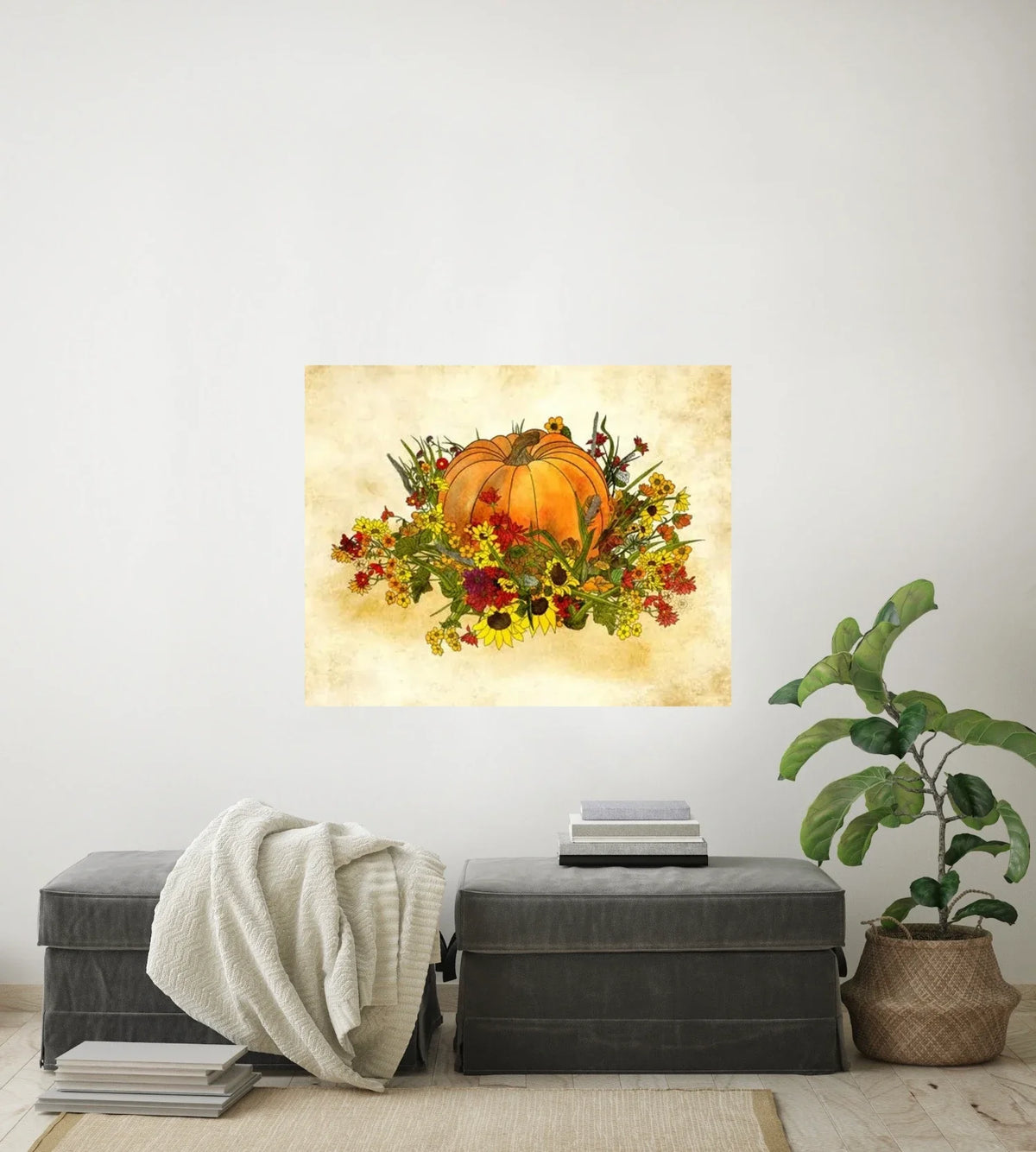 Pumpkin and Flowers - large 24 x 36 unframed art print shown hanging on a wall