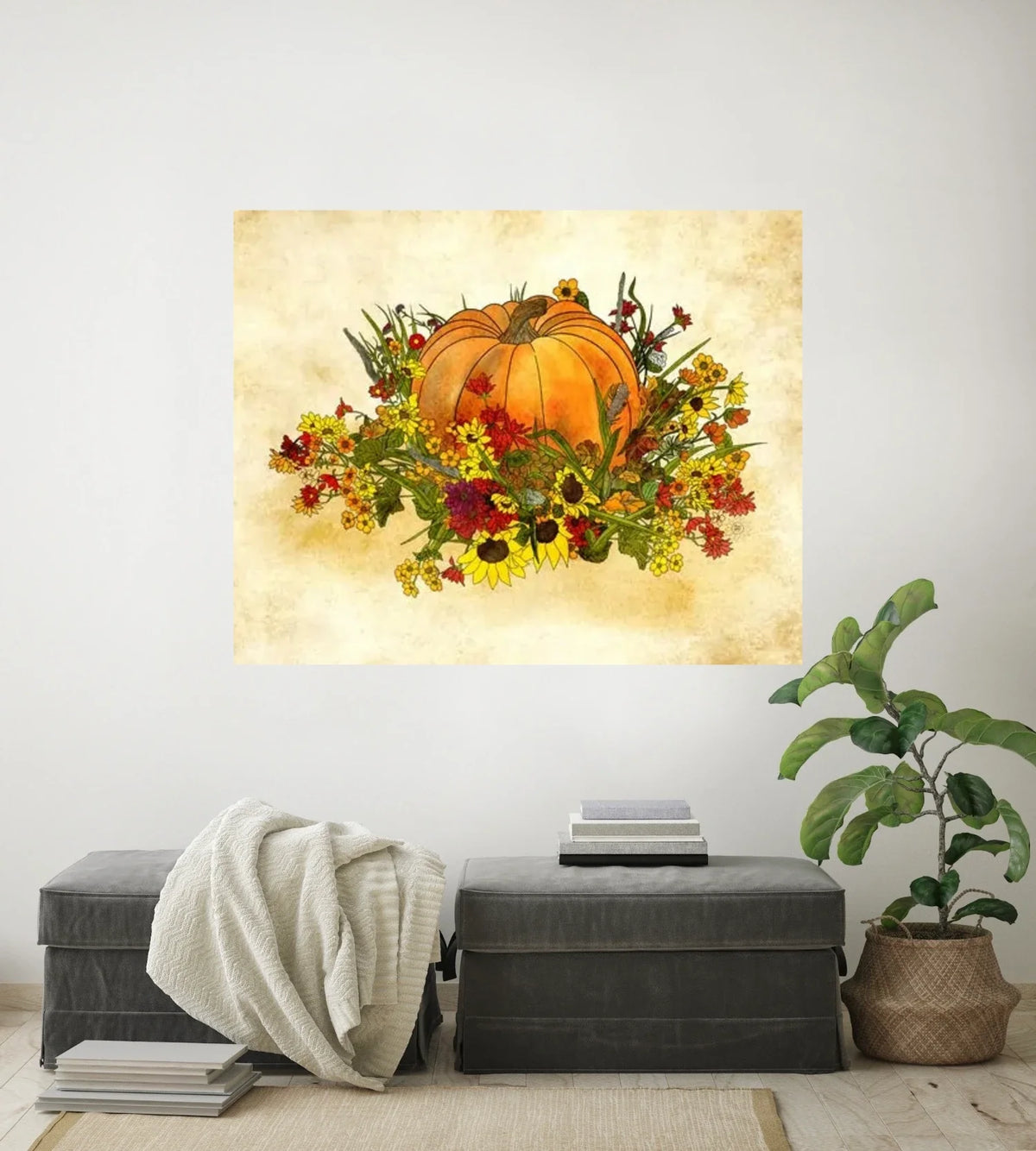 Pumpkin and Flowers - extra large 36 x 48 unframed art print shown hanging on a wall