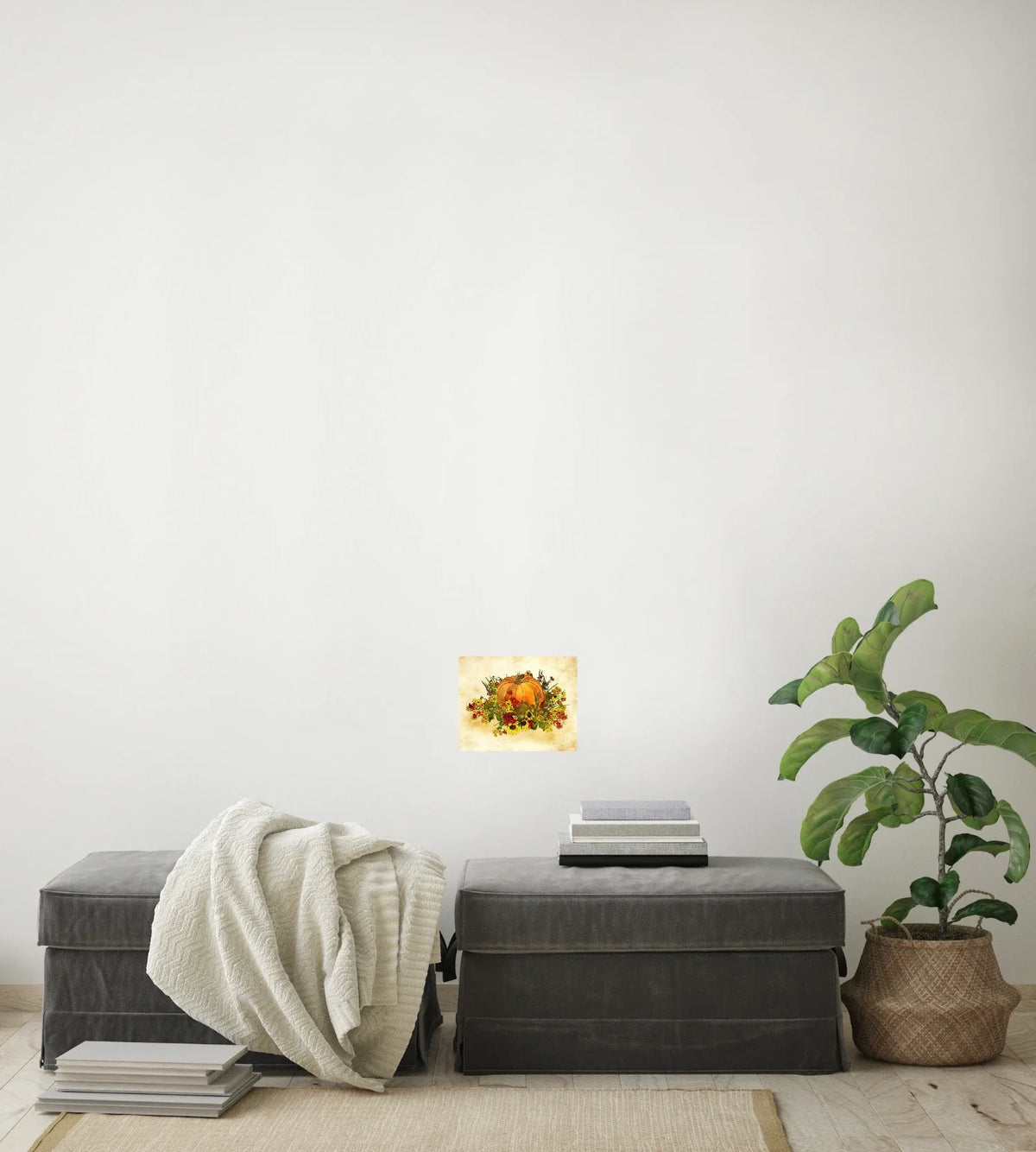 Pumpkin and Flowers - small 8 x 10 unframed art print shown hanging on a wall