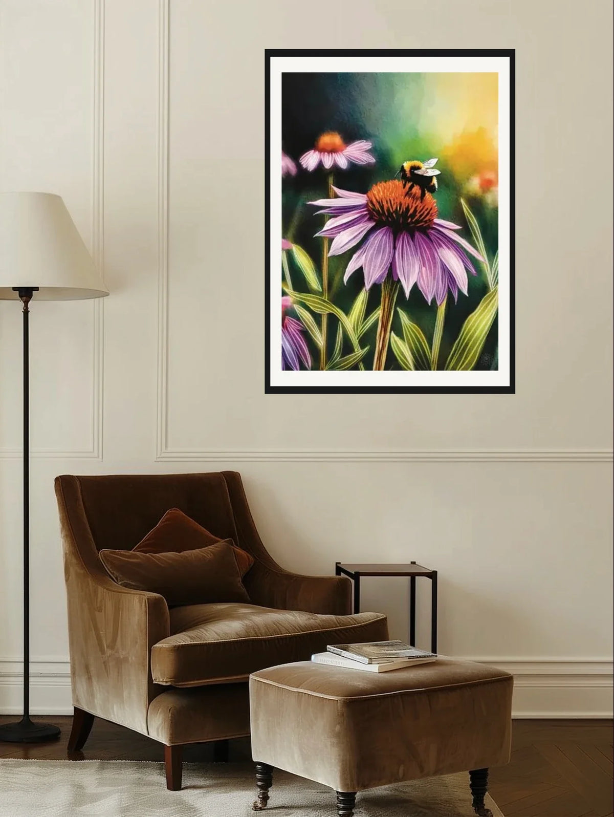 Purple Cone Flower with Bee - extra large 36 x 48 matted and framed art print shown hanging on a wall