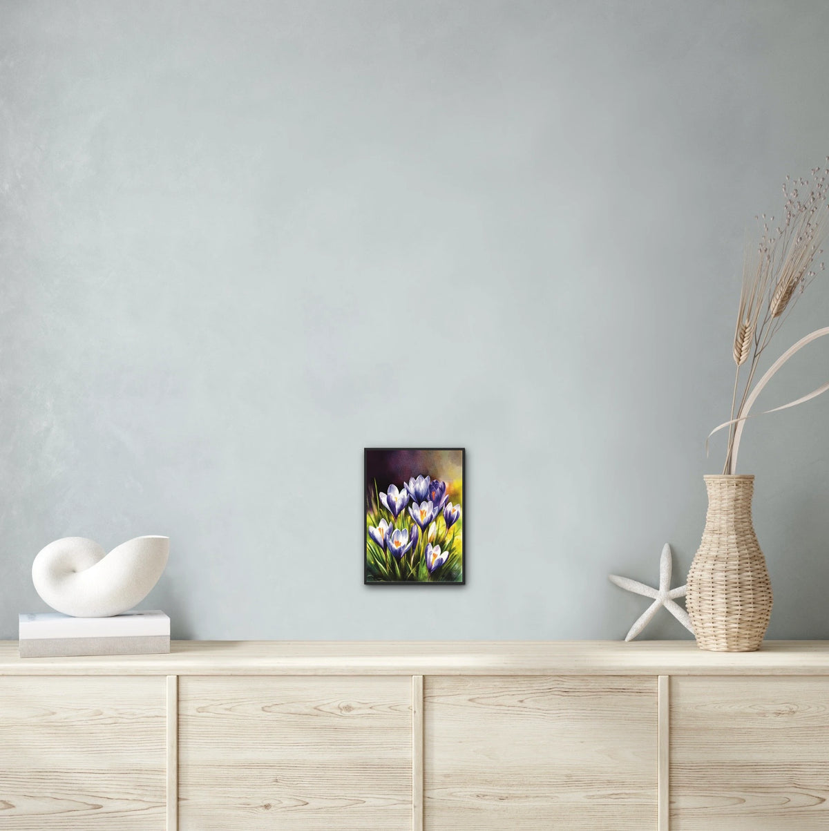 Purple Crocuses - medium 12 x 16 framed art print shown hanging on a wall