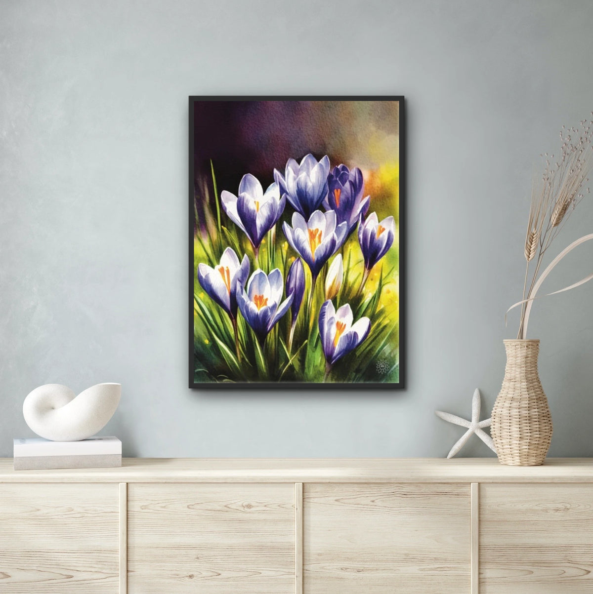 Purple Crocuses - extra large 36 x 48 framed art print shown hanging on a wall