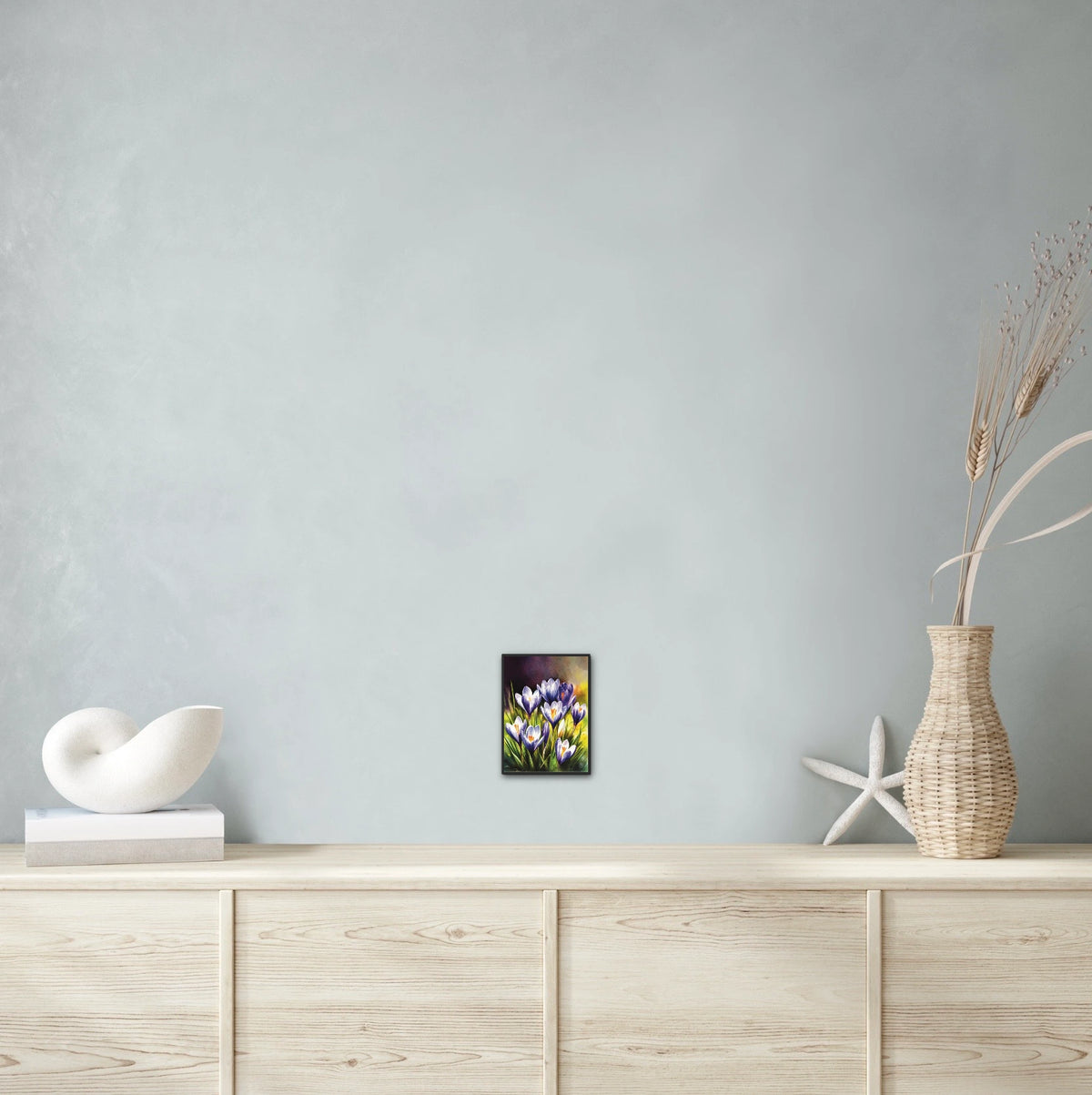 Purple Crocuses - small 8 x 10 framed art print shown hanging on a wall