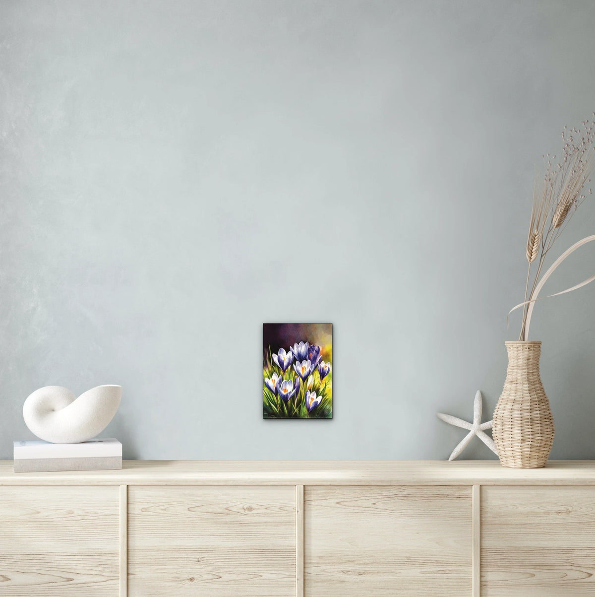 Purple Crocuses - medium 12 x 16 unframed art print shown hanging on a wall