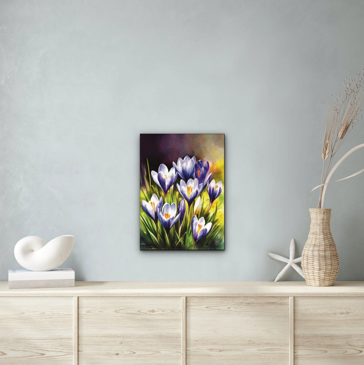 Purple Crocuses - large 24 x 36 unframed art print shown hanging on a wall