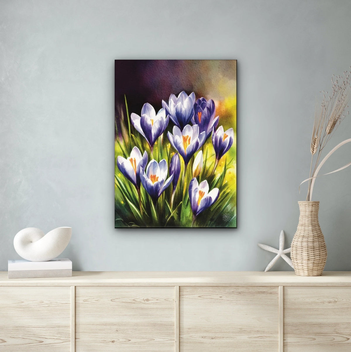Purple Crocuses - extra large 36 x 48 unframed art print shown hanging on a wall