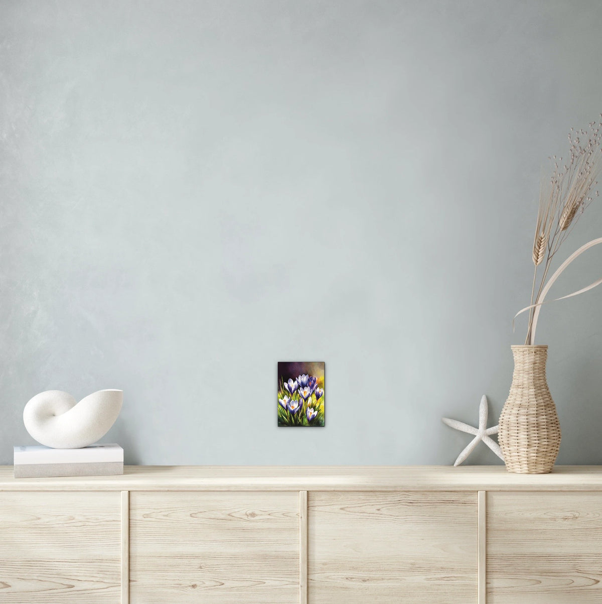 Purple Crocuses - small 8 x 10 unframed art print shown hanging on a wall