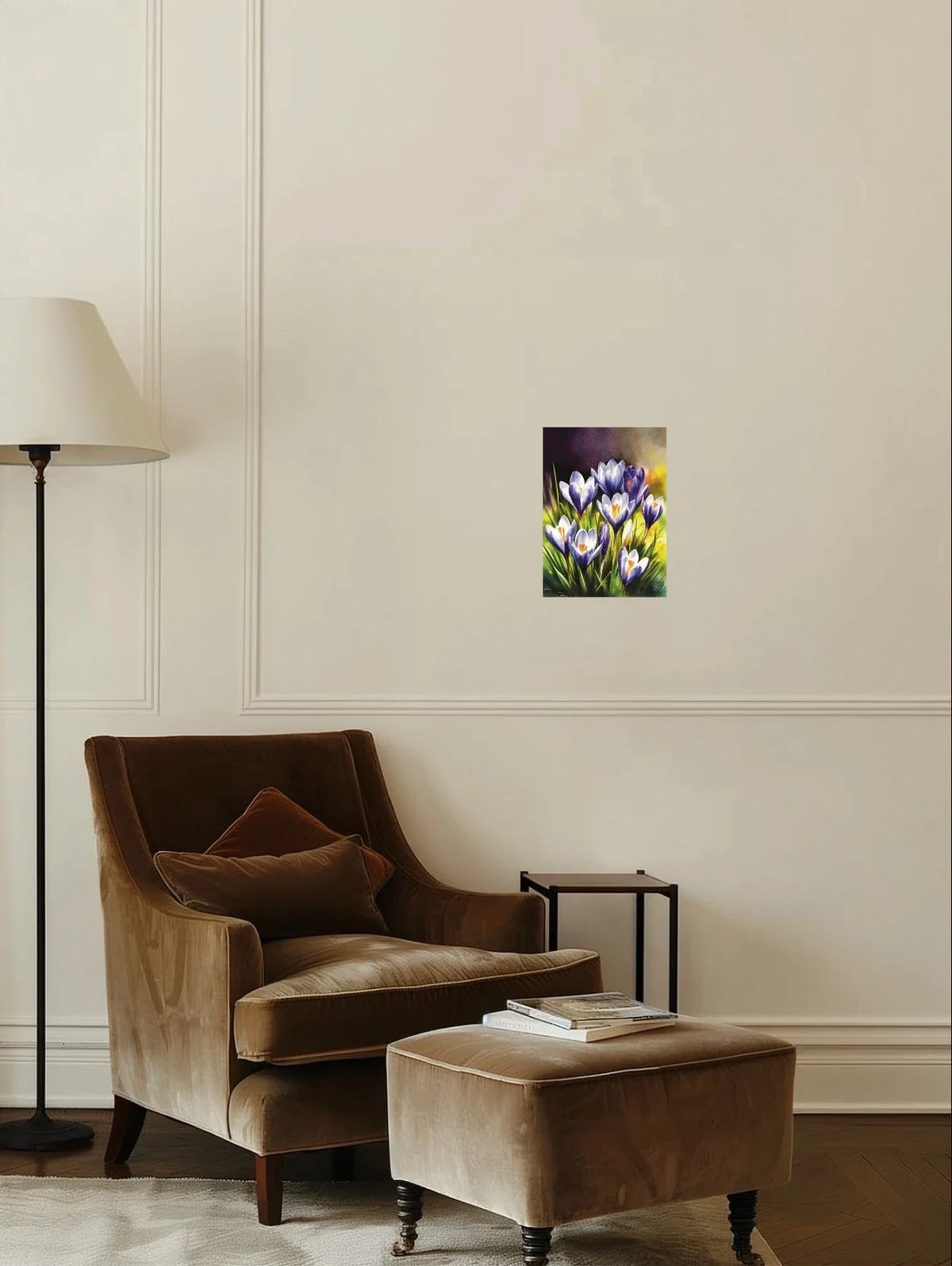 Purple Crocuses - medium 12 x 16 unframed art print shown hanging on a wall