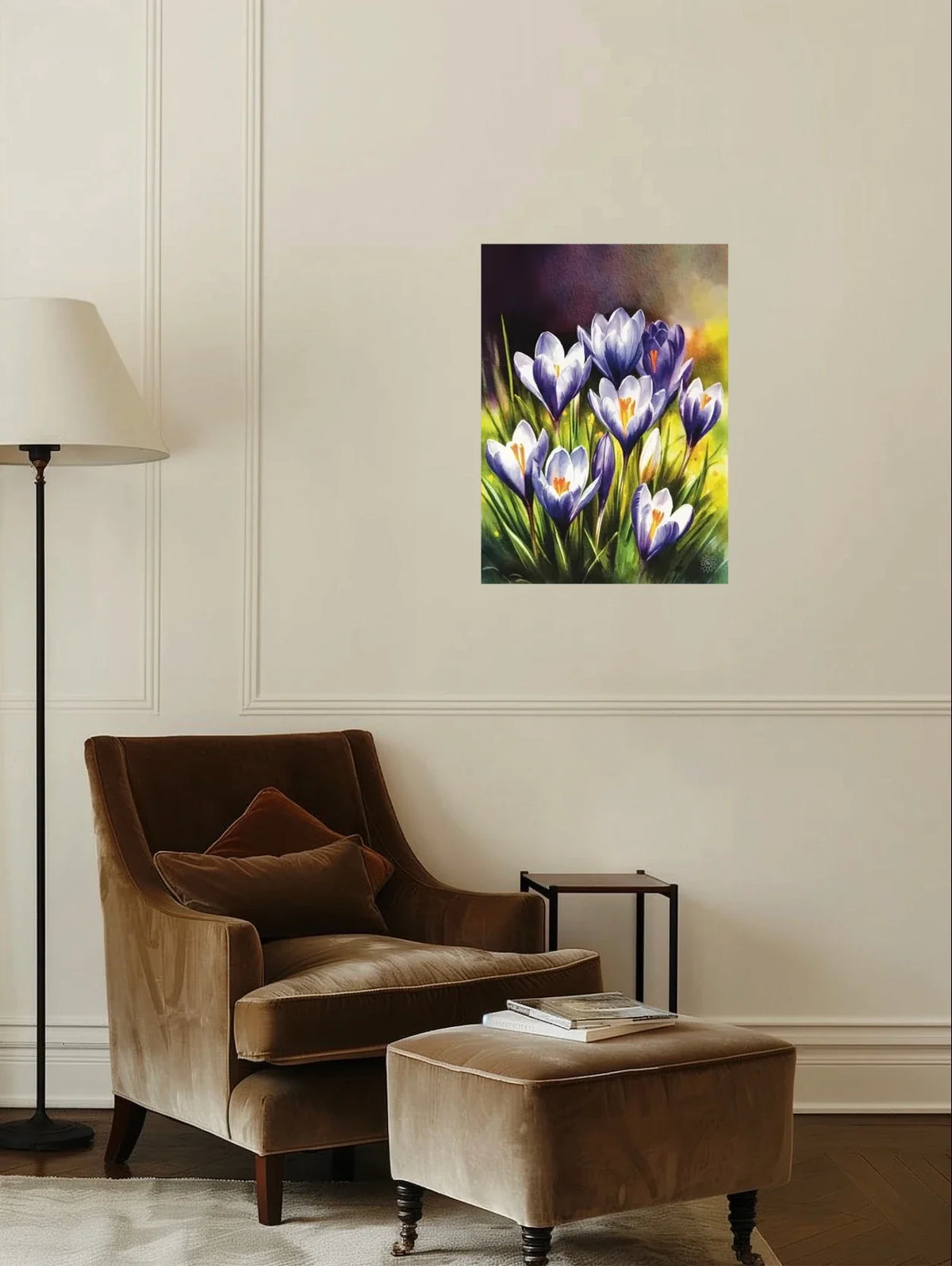 Purple Crocuses - large 24 x 36 unframed art print shown hanging on a wall