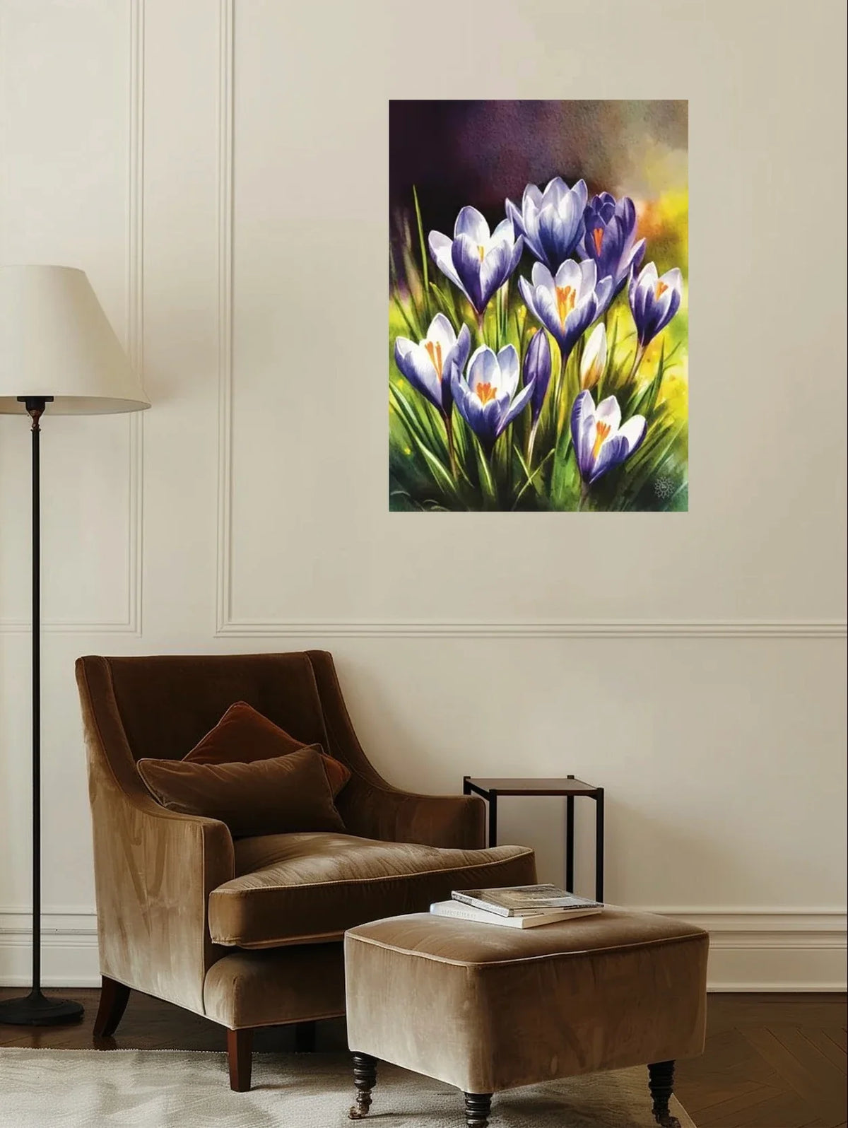 Purple Crocuses - extra large 36 x 48 unframed art print shown hanging on a wall