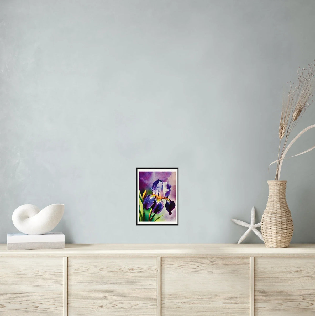 Purple Iris - medium 12 x 16 matted and framed art print shown hanging on a wall