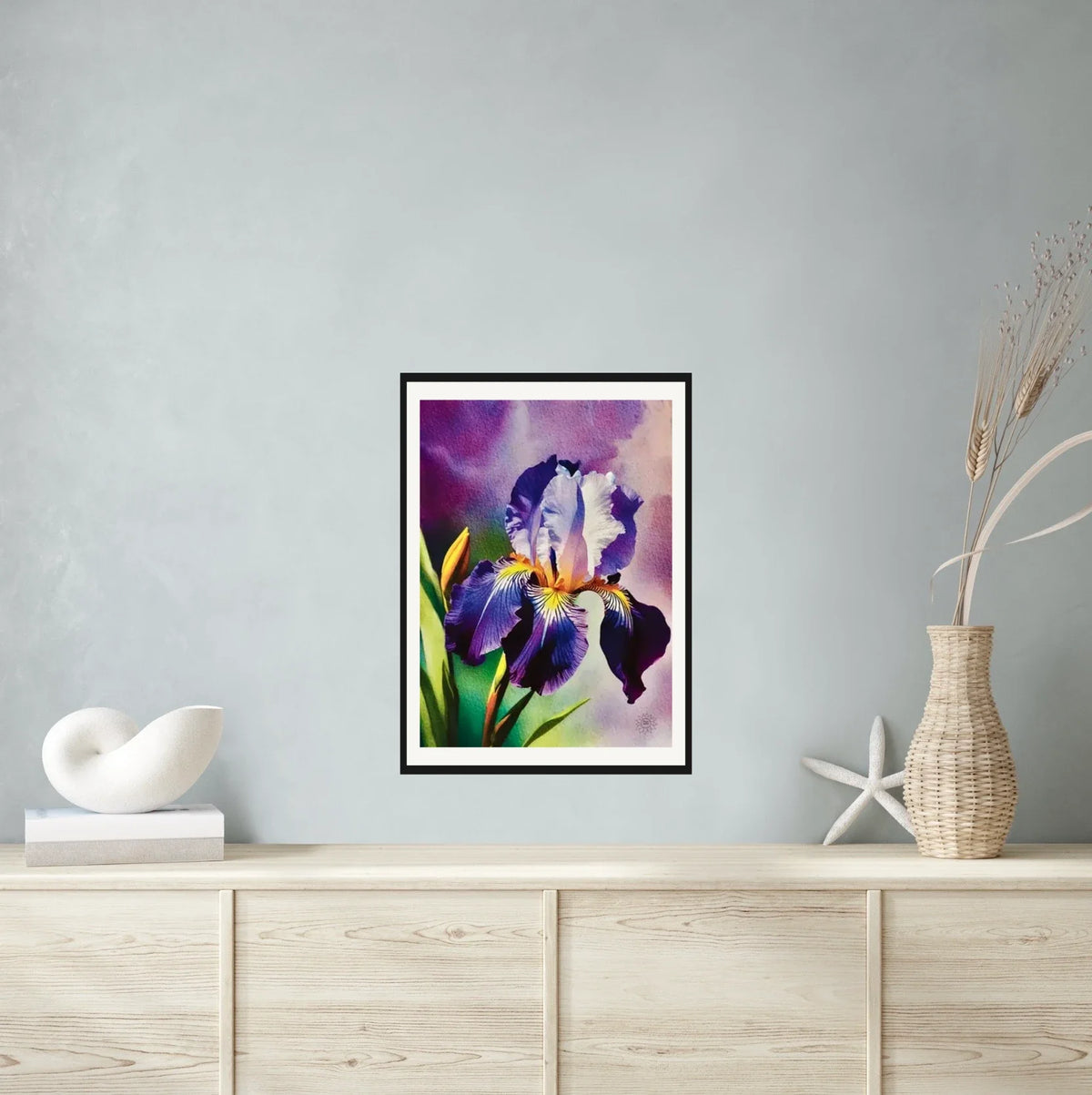 Purple Iris - large 24 x 36 matted and framed art print shown hanging on a wall