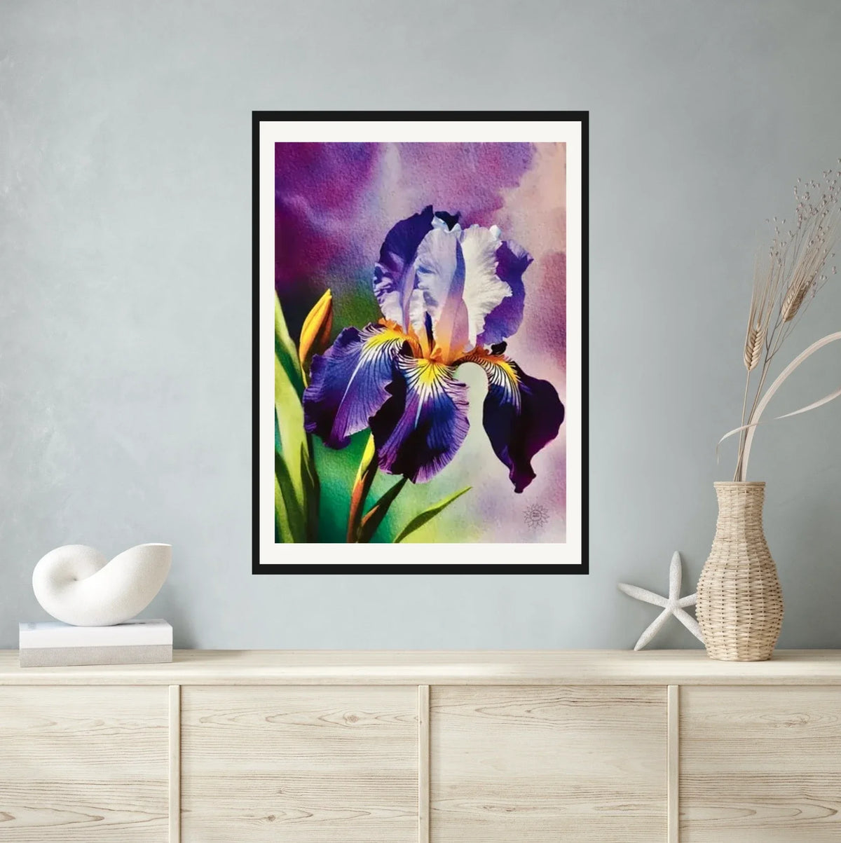 Purple Iris - extra large 36 x 48 matted and framed art print shown hanging on a wall