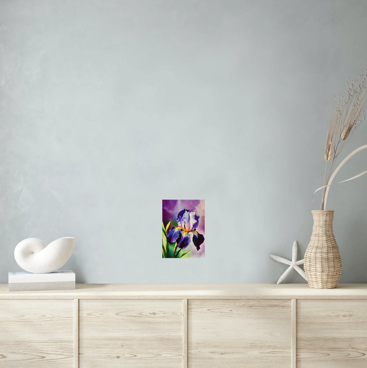 Purple Iris - medium 12 x 16 unframed art print shown hanging on a wall