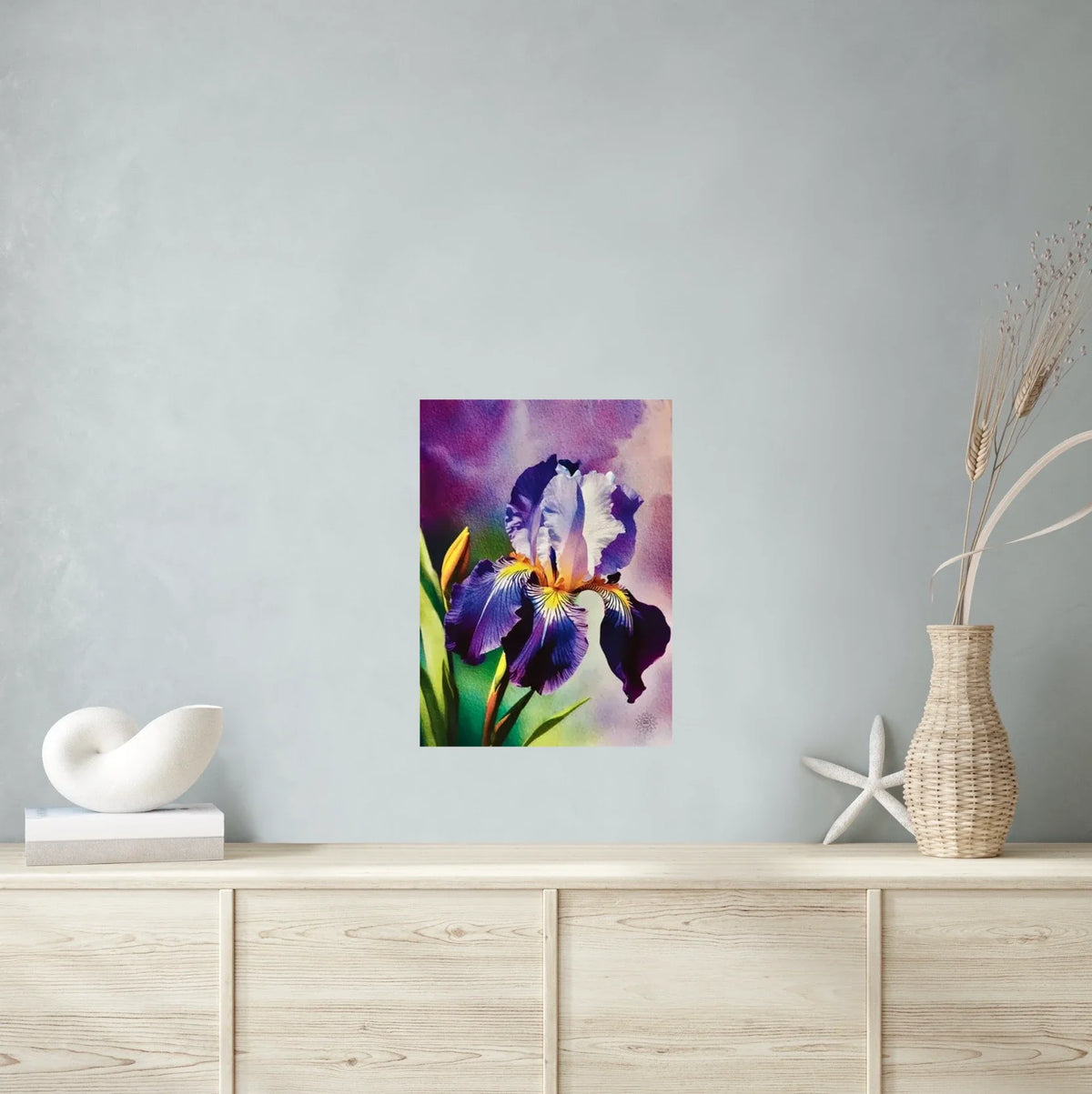 Purple Iris - large 24 x 36 unframed art print shown hanging on a wall