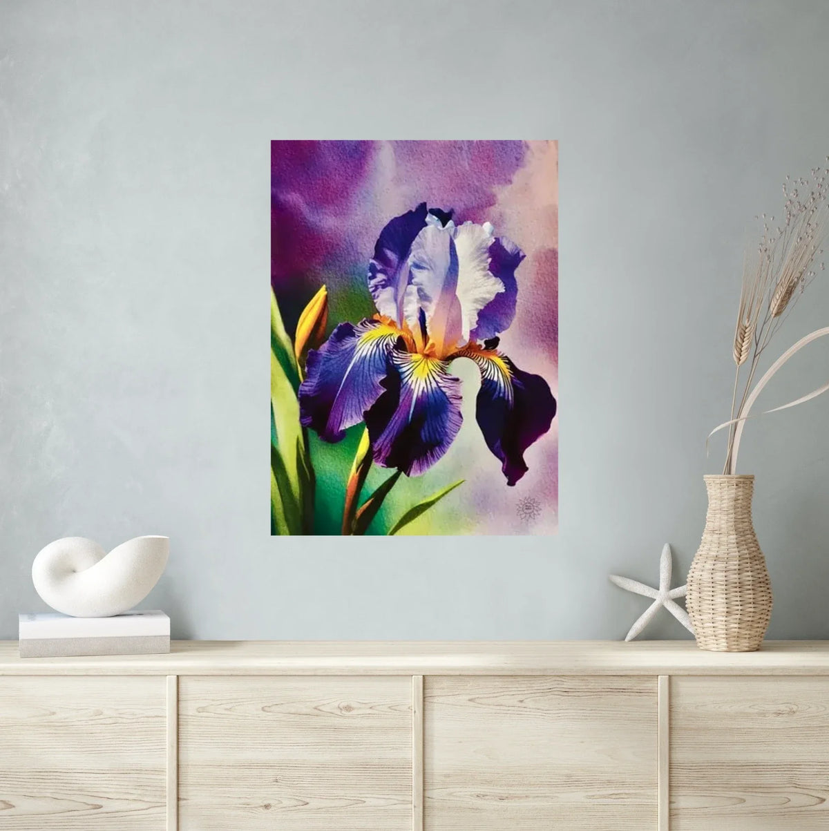 Purple Iris - extra large 36 x 48 unframed art print shown hanging on a wall