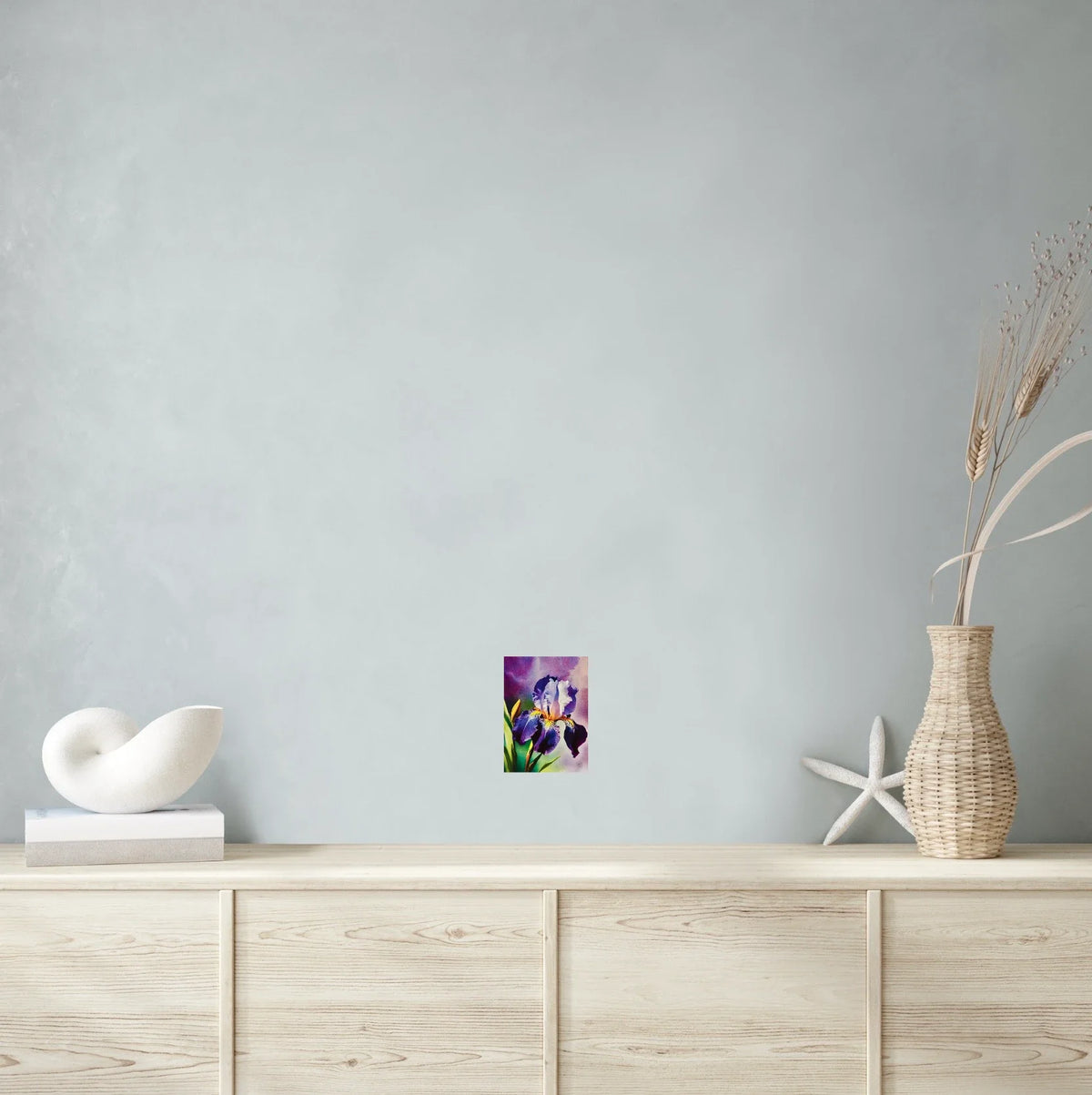 Purple Iris - small 8 x 10 unframed art print shown hanging on a wall
