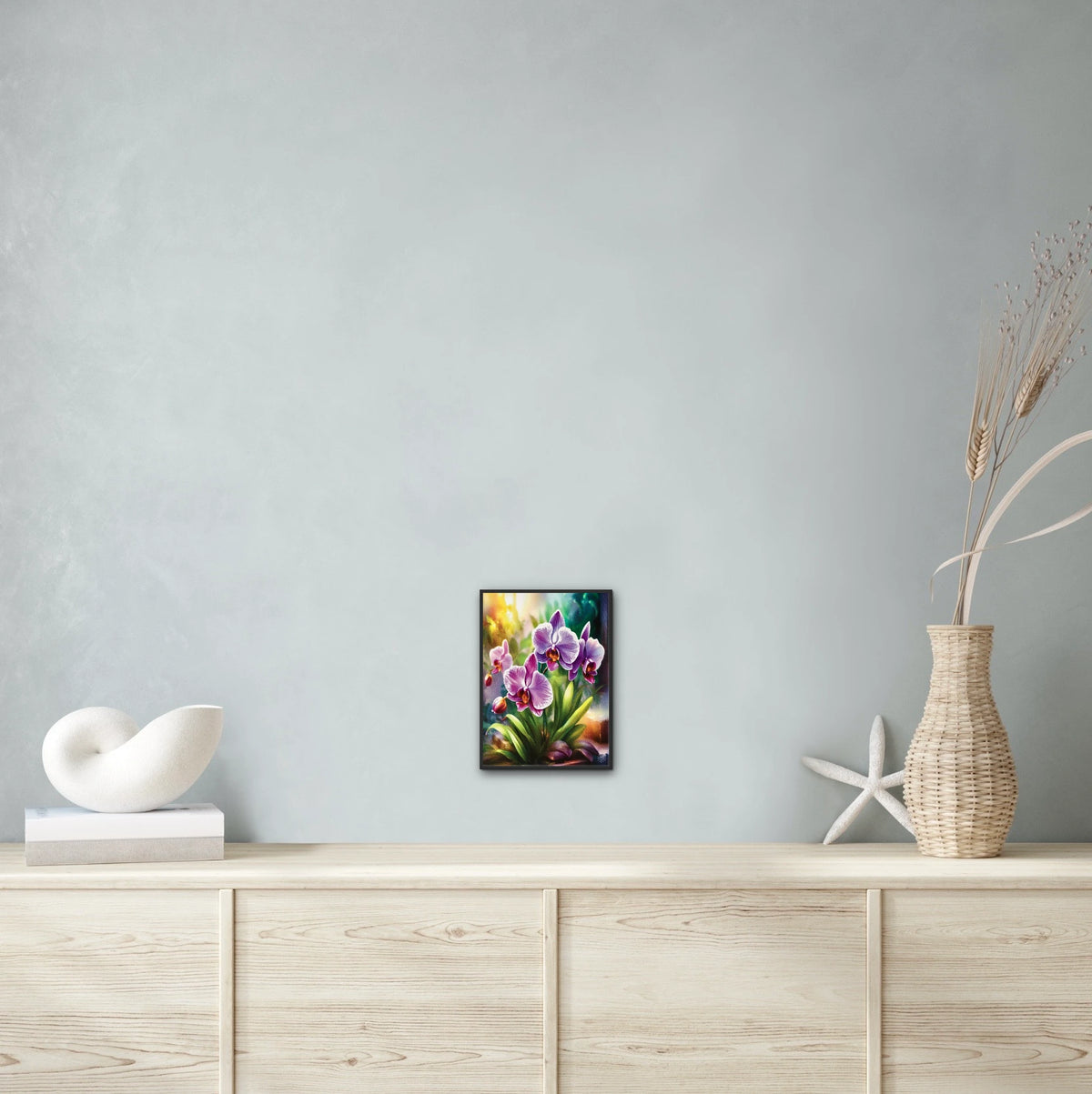 Purple Orchids - medium 12 x 16 framed art print shown hanging on a wall