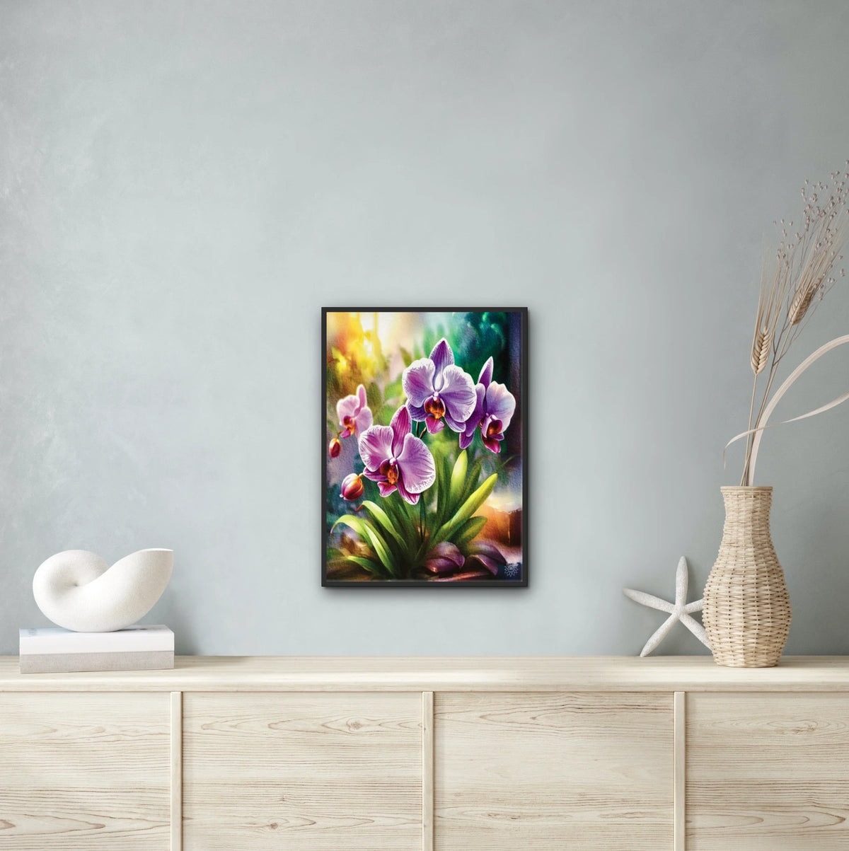 Purple Orchids - large 24 x 36 framed art print shown hanging on a wall