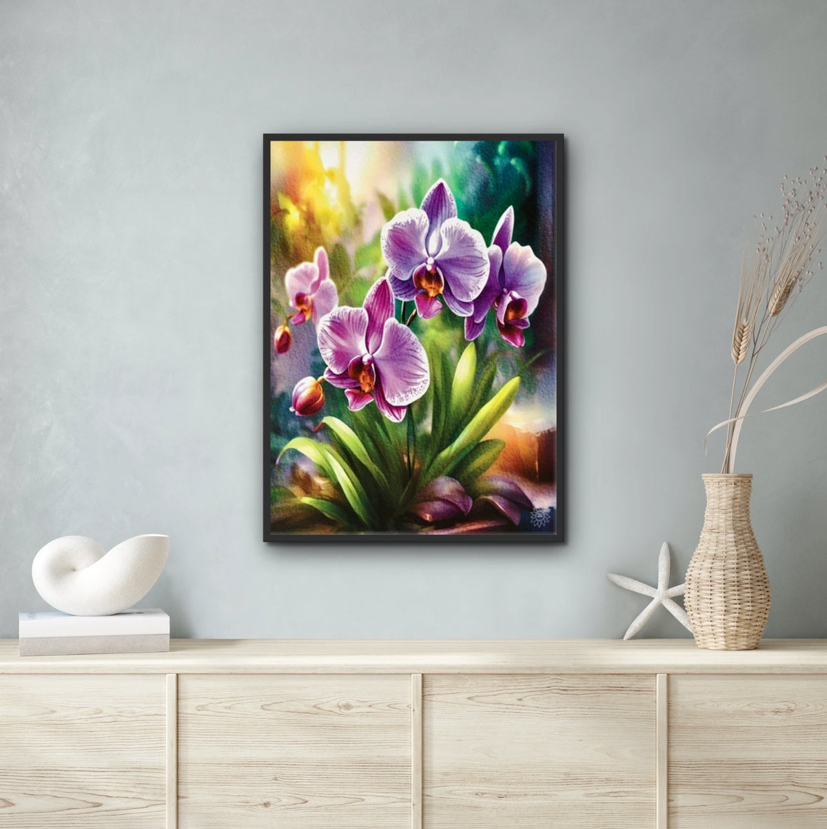 Purple Orchids - extra large 36 x 48 framed art print shown hanging on a wall