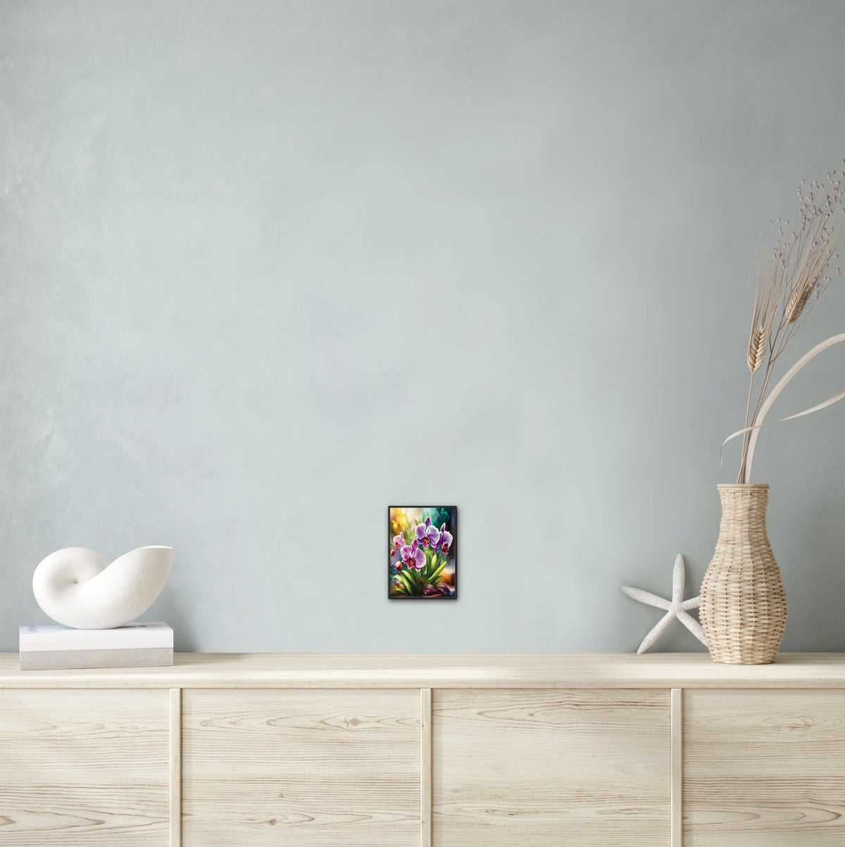Purple Orchids - small 8 x 10 framed art print shown hanging on a wall
