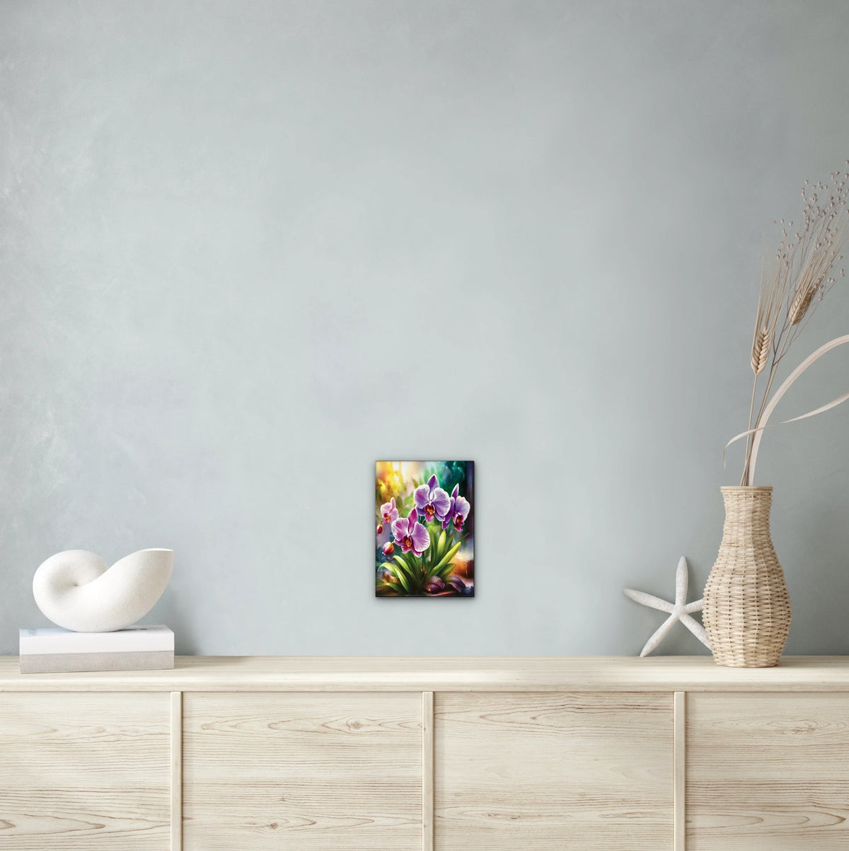 Purple Orchids - medium 12 x 16 unframed art print shown hanging on a wall