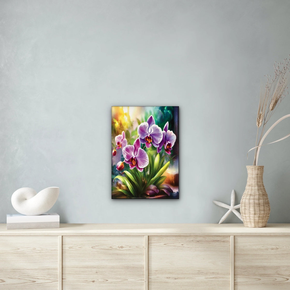 Purple Orchids - large 24 x 36 unframed art print shown hanging on a wall