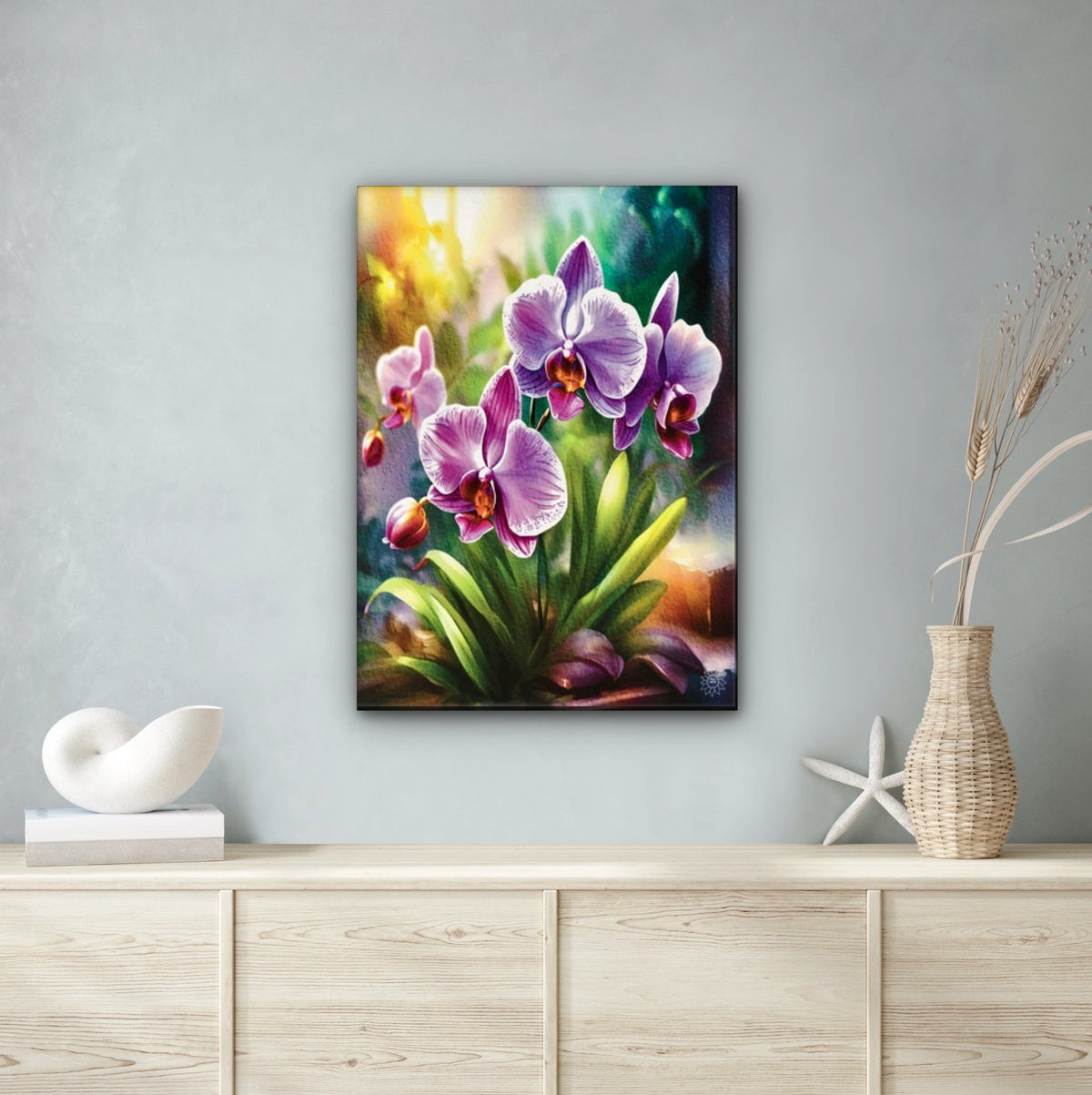 Purple Orchids - extra large 36 x 48 unframed art print shown hanging on a wall