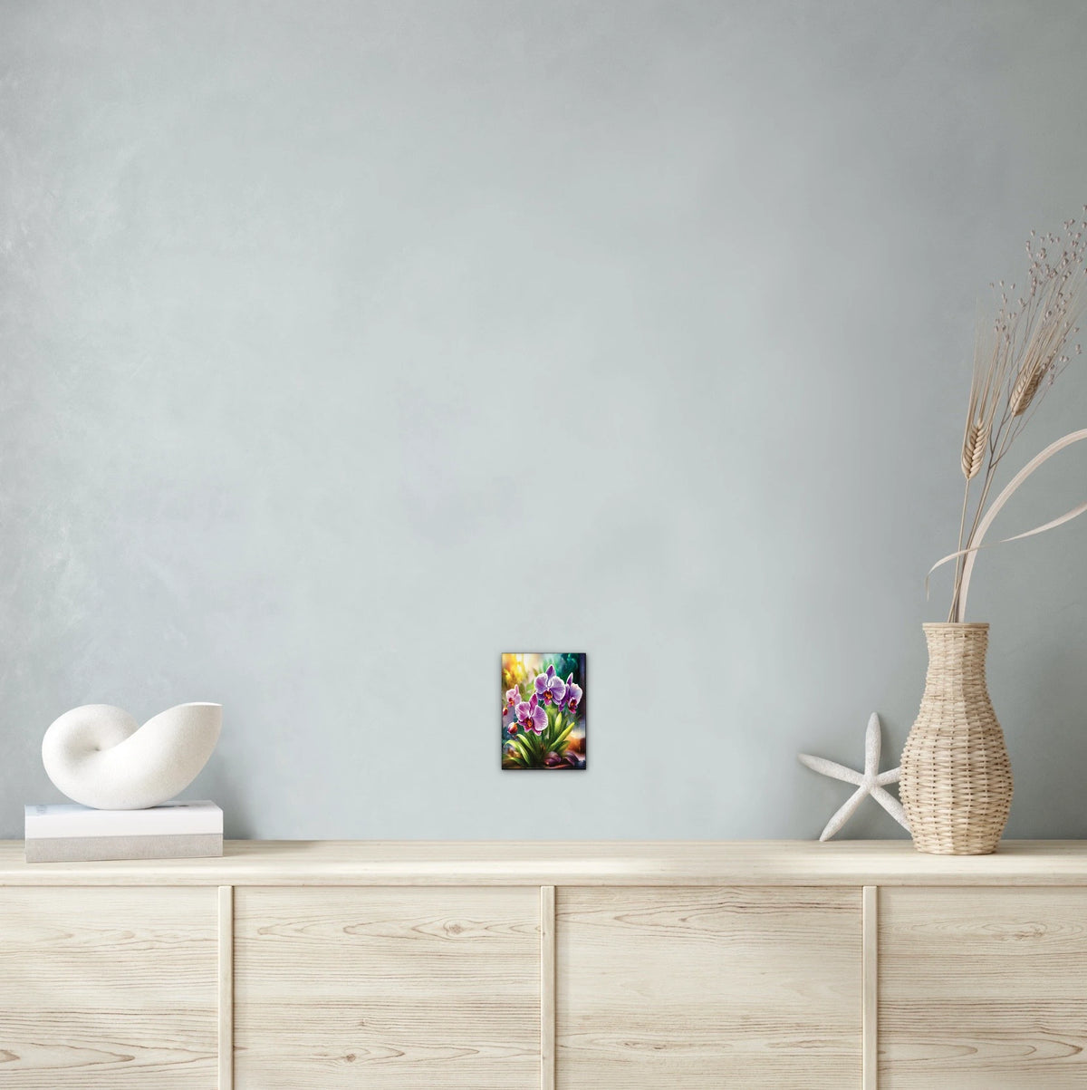 Purple Orchids - small 8 x 10 unframed art print shown hanging on a wall