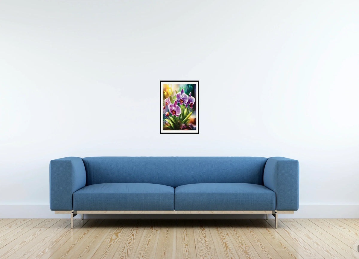 Purple Orchids - medium 12 x 16 matted and framed art print shown hanging on a wall